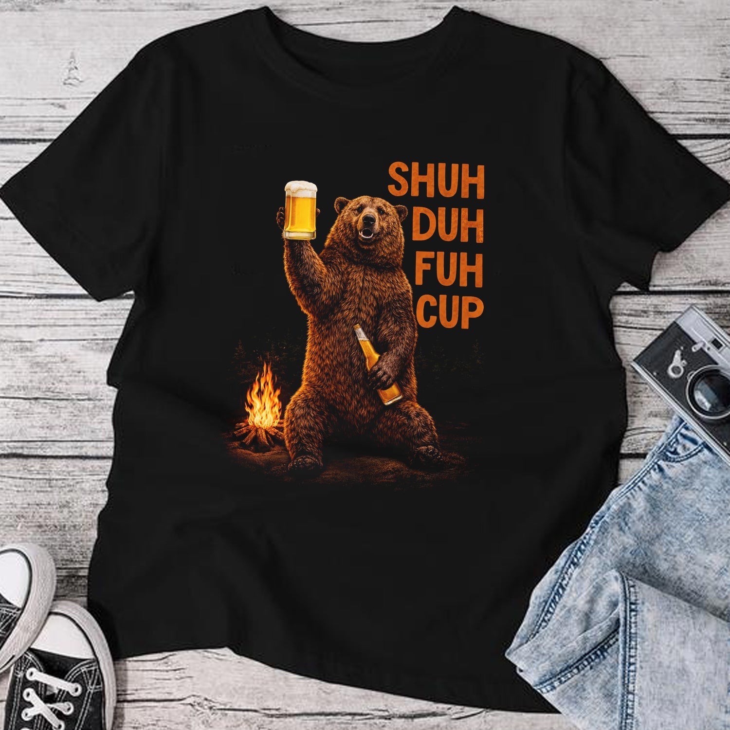 Shuh Duh Fuh Cup T-Shirt – Funny Drinking Bear Campfire Graphic Shirt for Campers, Beer Lovers & Outdoor Humor Fans