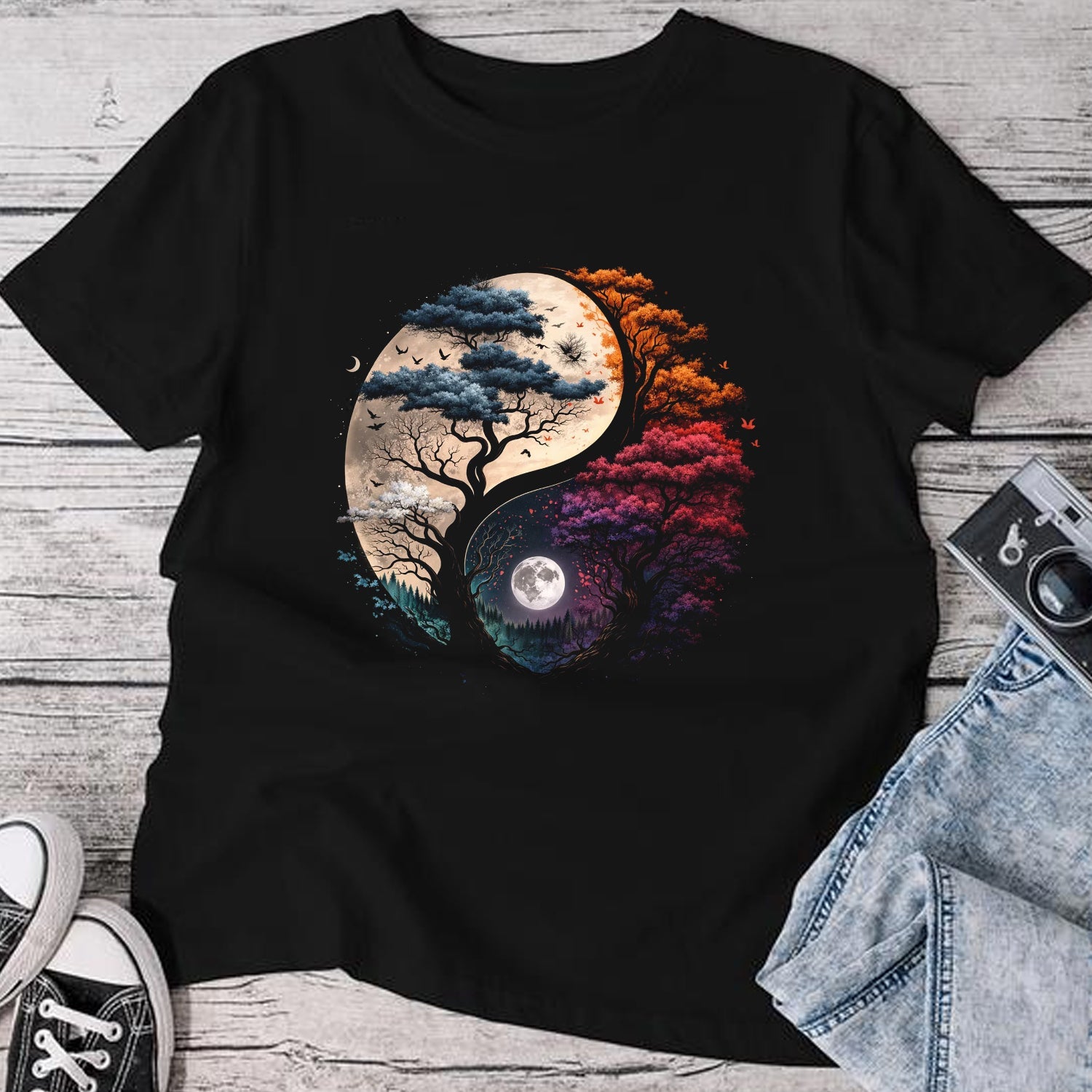 Yin Yang Tree of Life T-Shirt – Colorful Moon Nature Graphic Tee, Spiritual Balance Art Shirt