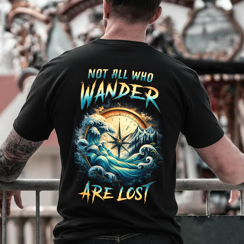 Not All Who Wander Are Lost Compass Wave T-Shirt, Vintage Nautical Adventure Graphic Tee, Travel Explorer Nature Shirt for Men