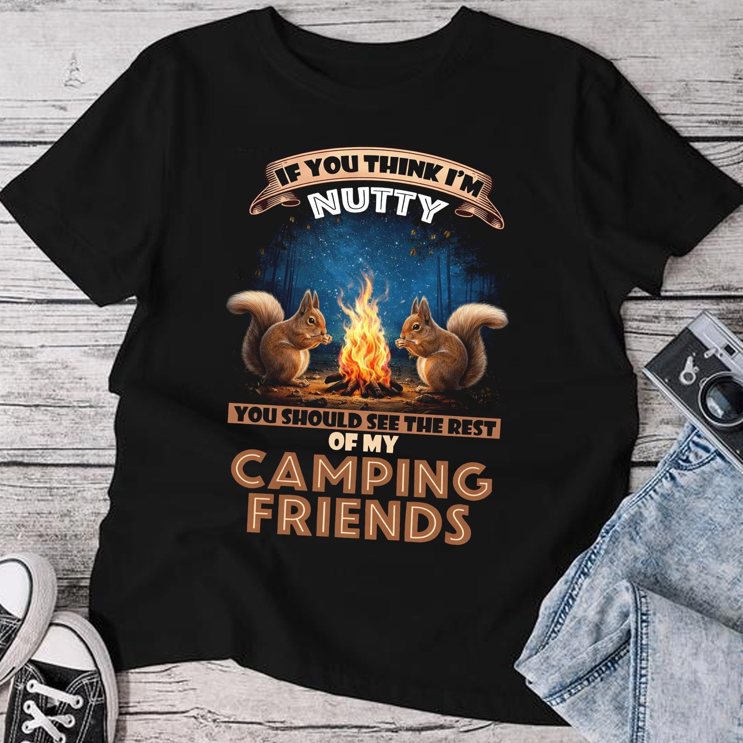 Funny Camping Friends T-Shirt – Nutty Squirrels Around Campfire, Humor Outdoor Camping Graphic Tee