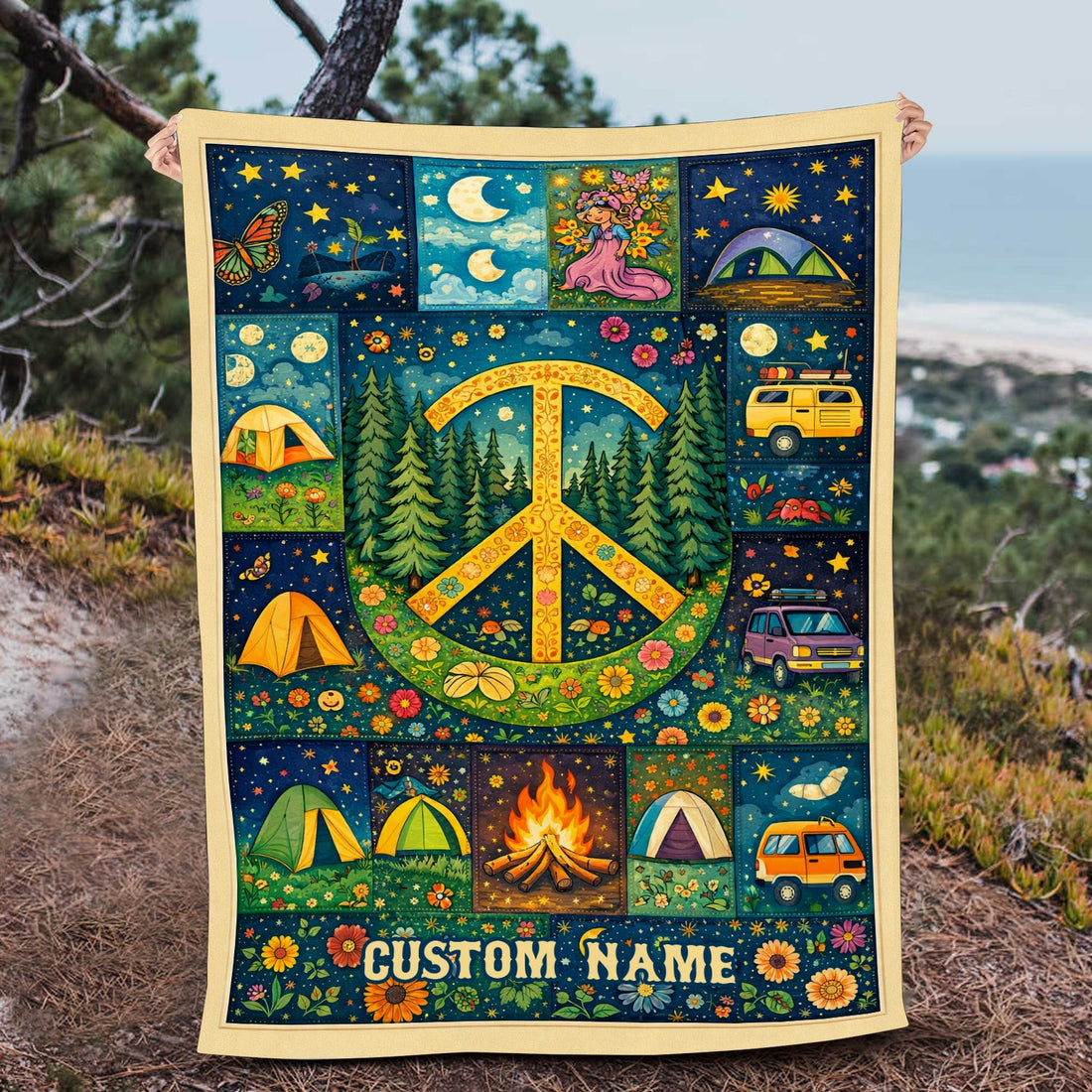 Personalized Hippie Peace Camping Blanket – Custom Name Retro Van Life & Nature Lover Gift