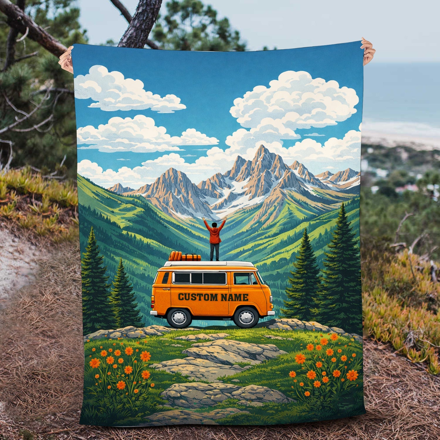 Personalized Travel Adventure Fleece Blanket – Camper Van Mountain Throw for Retirement & New Chapter Gifts