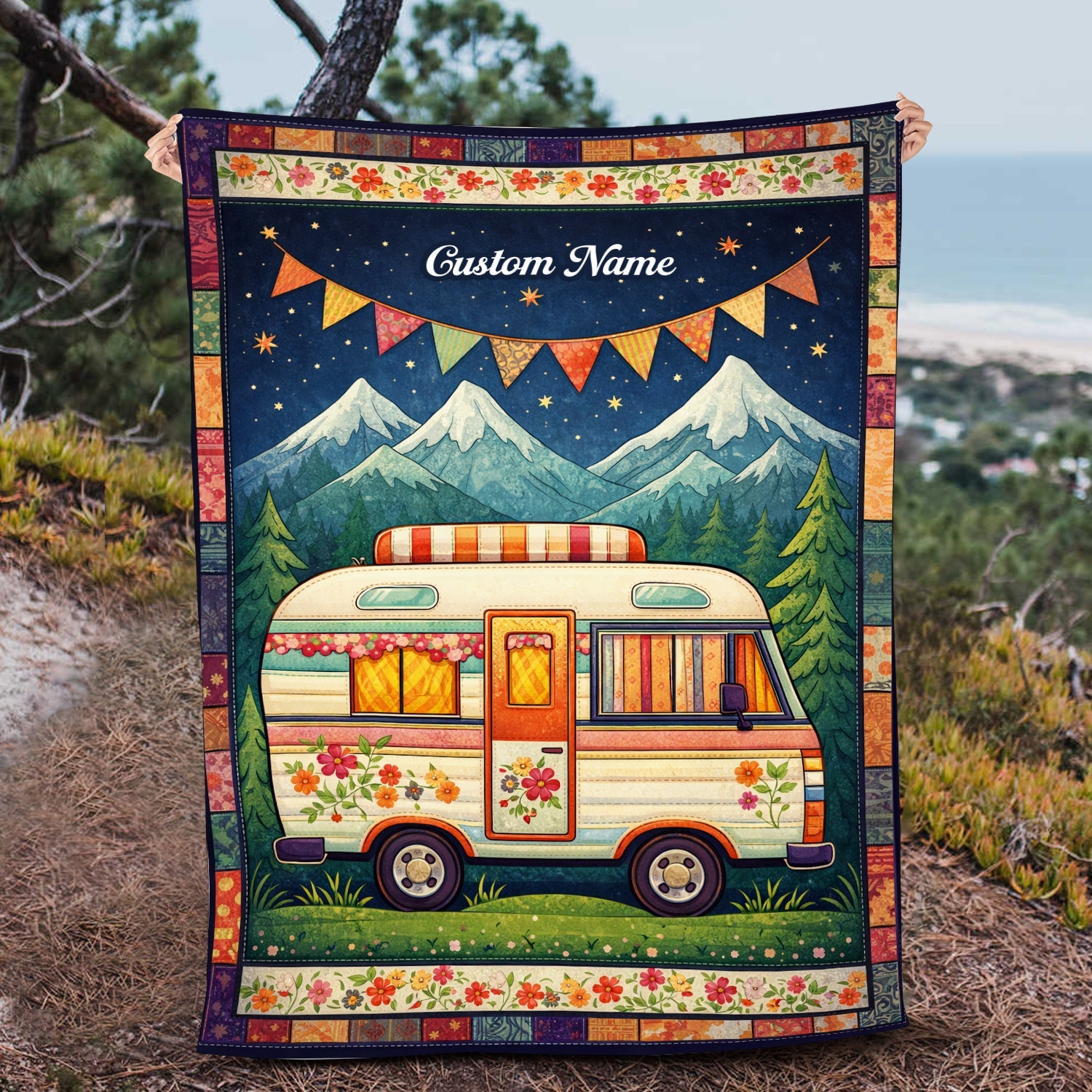 Personalized Vintage Camper Blanket – Custom Name Retro RV Gift for Camping Lovers
