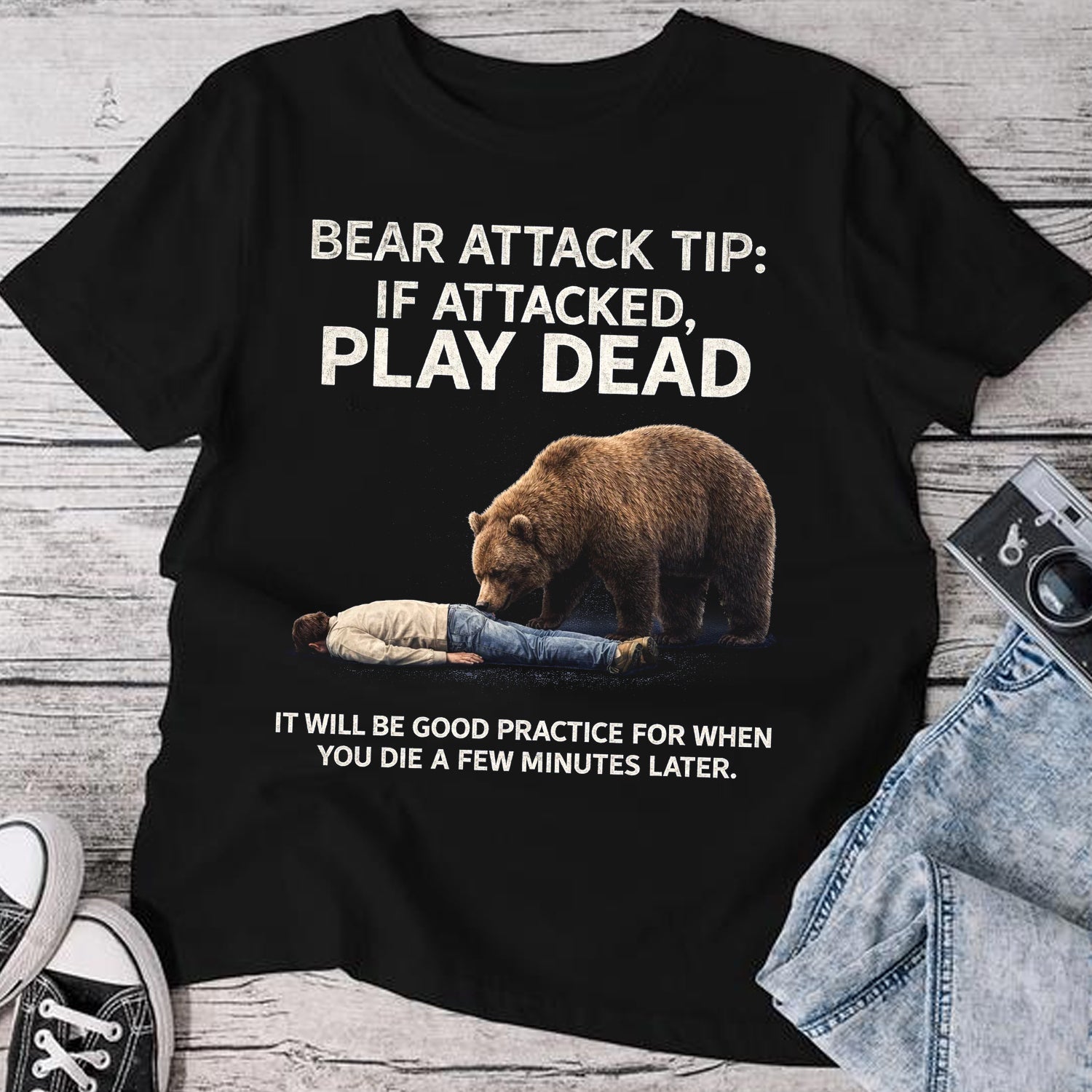 Bear Attack Tip Graphic T-Shirt – Dark Humor Camping Survival Shirt for Hikers, Outdoorsmen & Adventure Lovers