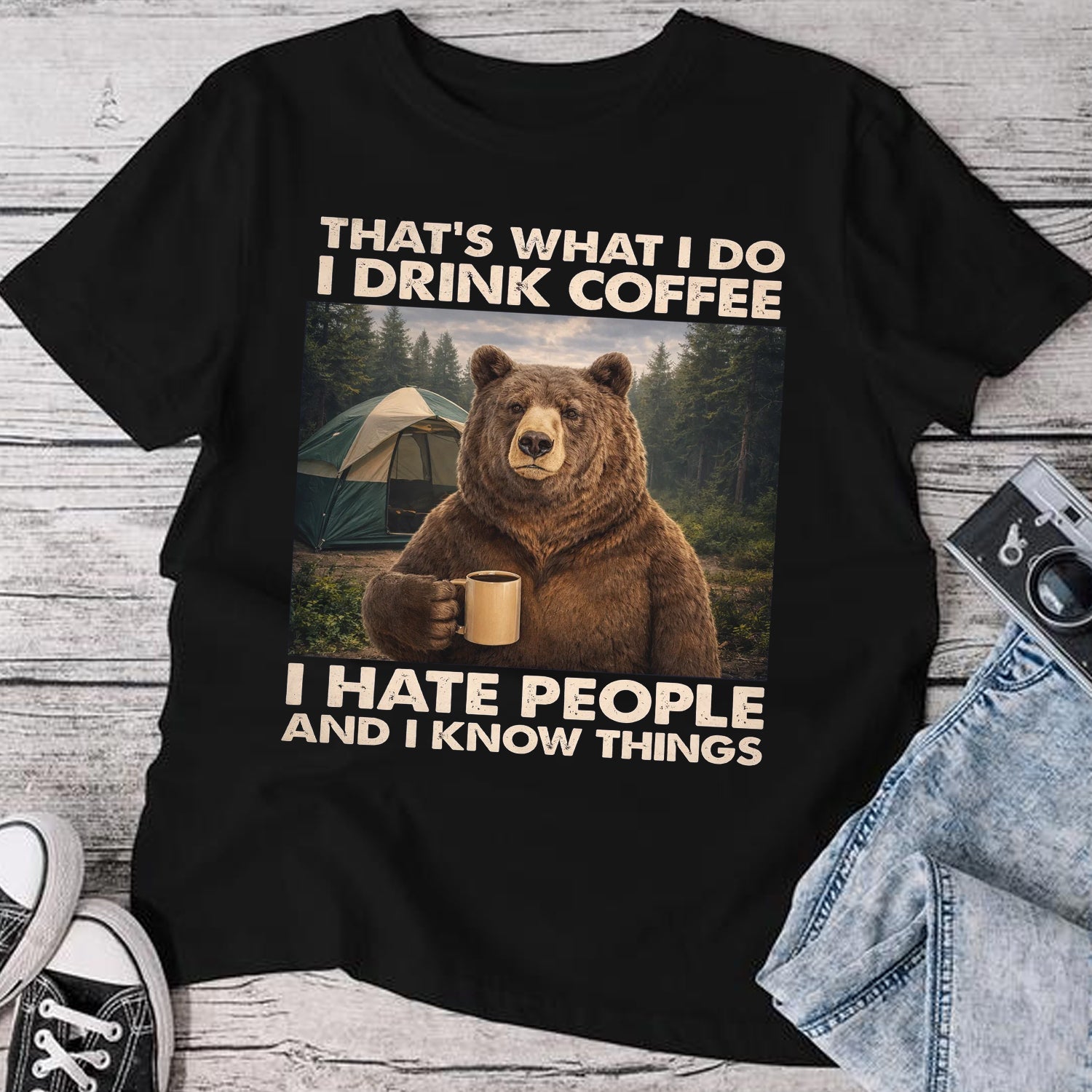 Funny Bear Coffee Camping T-Shirt – Grumpy Bear with Mug Graphic Tee, Outdoor Camping Humor Shirt, Nature Lover Adventure Apparel