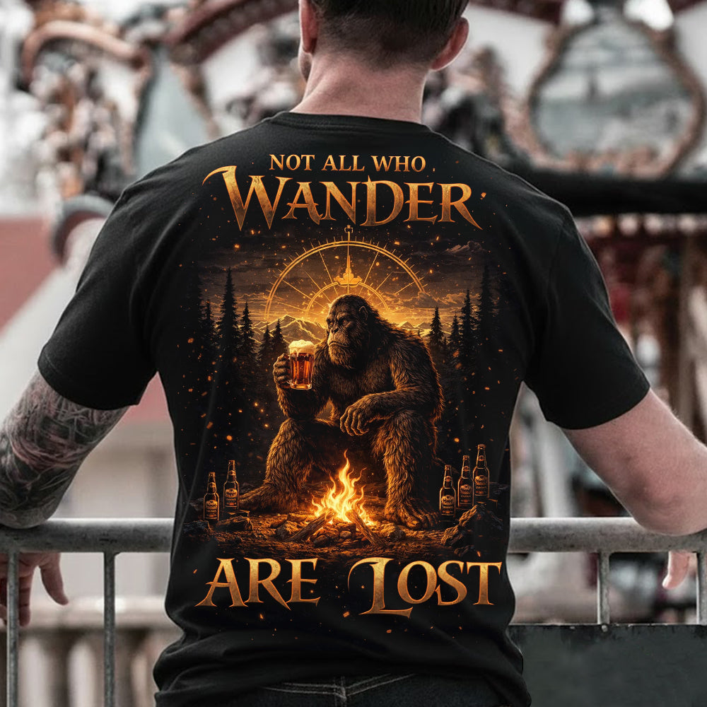 Bigfoot Wander Quote T-Shirt – Sasquatch Campfire Night Graphic Tee, Mystical Forest Adventure Design Shirt, Outdoor Nature Explorer Apparel