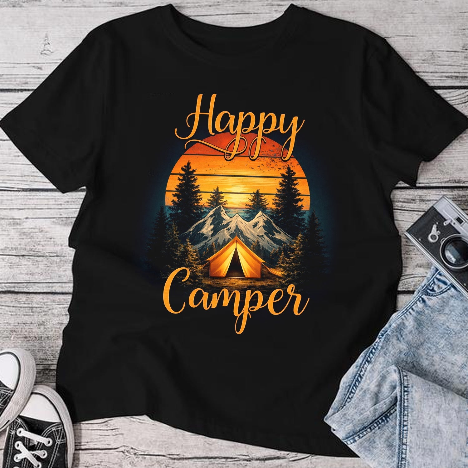 Happy Camper Graphic T-Shirt – Vintage Sunset Mountain Camping Shirt for Outdoor Lovers, Hiking & Adventure Tee
