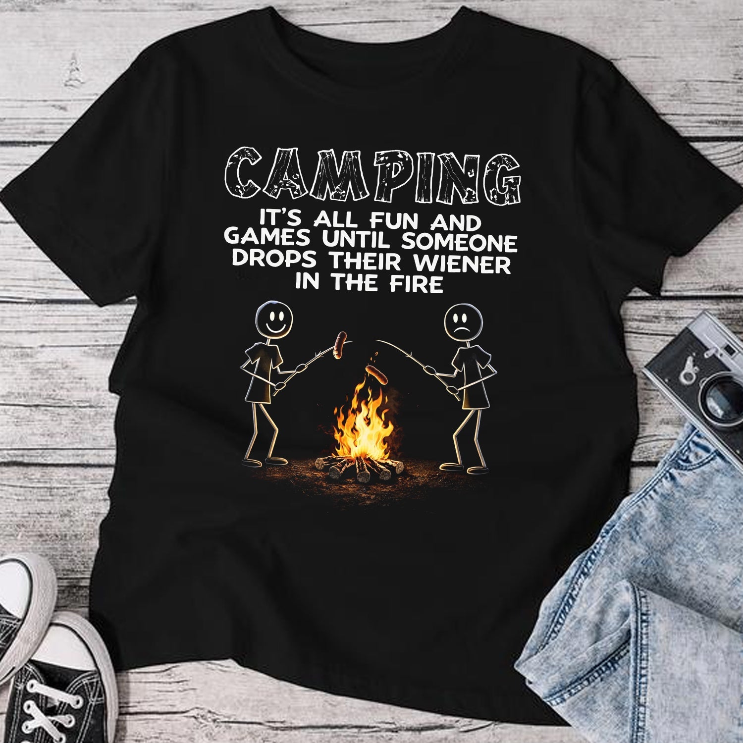 Camping Funny Graphic T-Shirt – Campfire Wiener Joke Shirt for Campers, RV Trips & Outdoor Humor Lovers