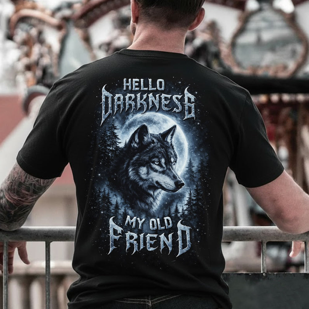 Hello Darkness My Old Friend T-Shirt – Gothic Wolf Moon Graphic Shirt for Night Lovers, Dark Aesthetic & Wilderness Spirit Fans
