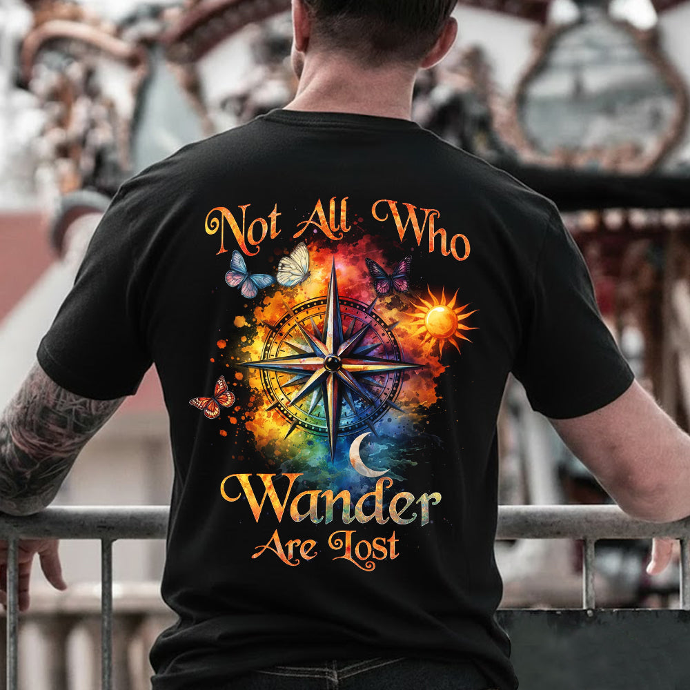 Not All Who Wander Are Lost Colorful Compass T-Shirt, Boho Celestial Travel Graphic Tee, Spiritual Adventure Wanderlust Shirt for Women