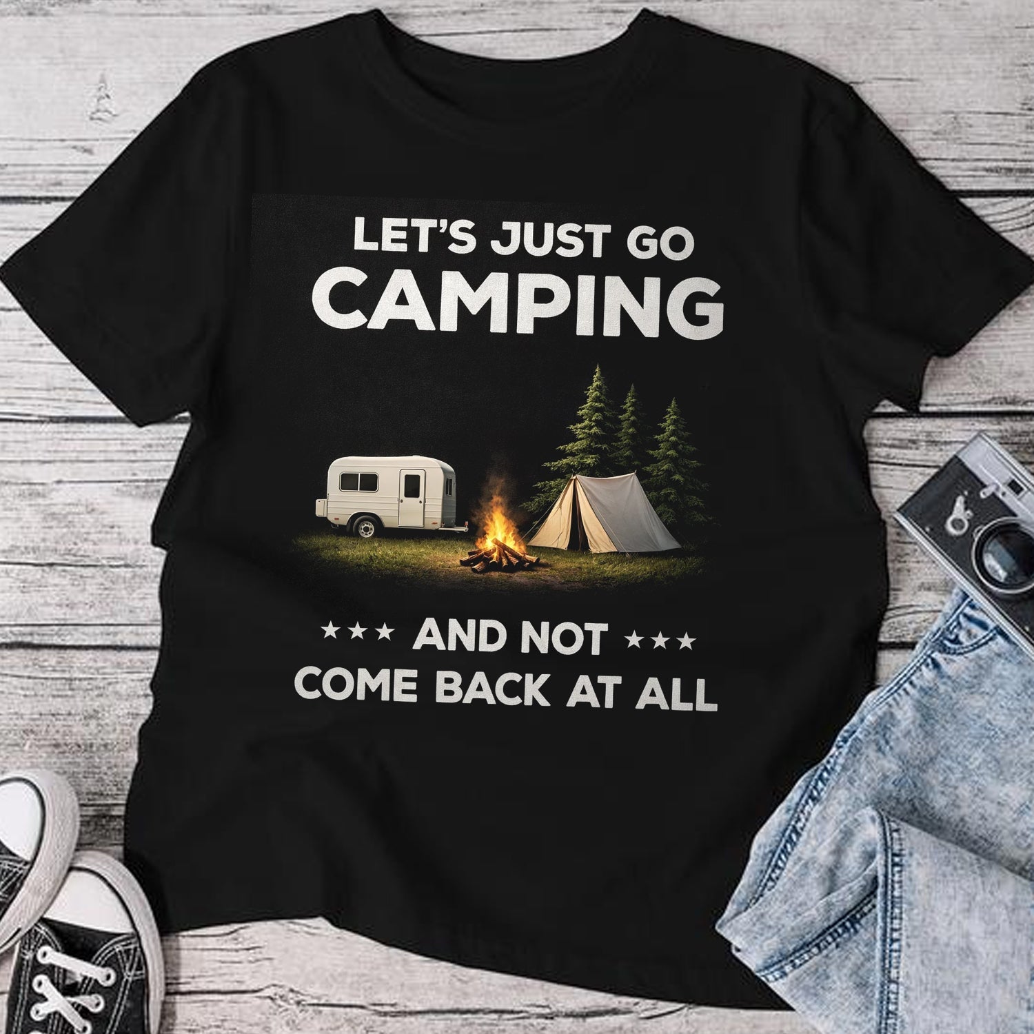 Let’s Just Go Camping T-Shirt – Funny RV Tent Campfire Graphic Shirt for Campers, Outdoor Escape & Adventure Lovers