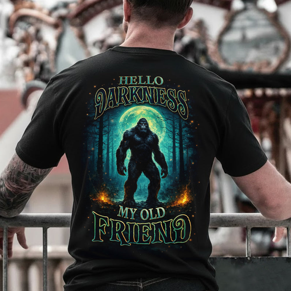 Hello Darkness Bigfoot T-Shirt – Mysterious Sasquatch Moonlit Forest Graphic Tee, Dark Fantasy Wilderness Design Shirt, Cryptid Night Adventure Apparel
