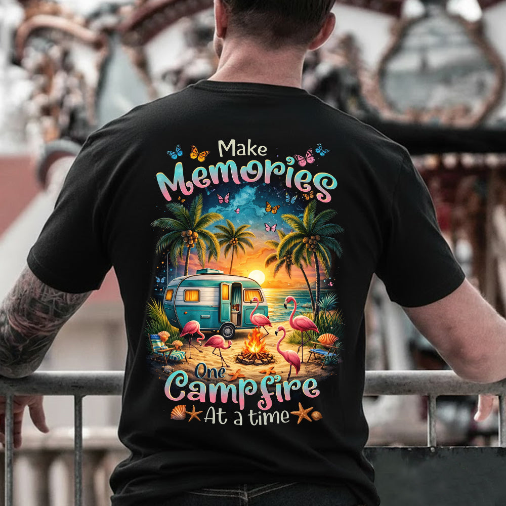 Make Memories One Campfire At A Time Beach Camping T-Shirt, Flamingo RV Sunset Graphic Tee, Summer Coastal Camper Shirt for Women