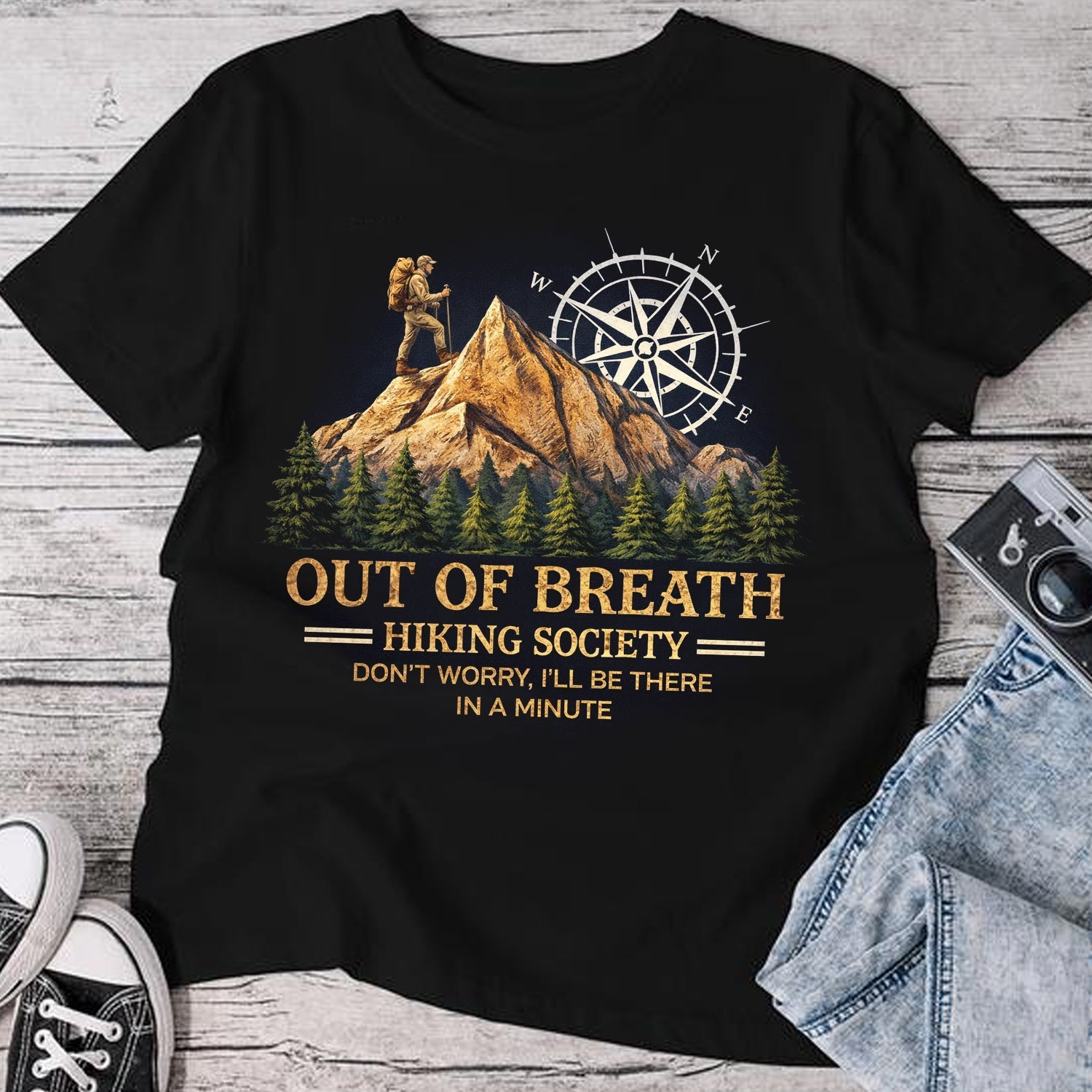 Out of Breath Hiking Society T-Shirt – Funny Mountain Hiking Graphic Shirt for Hikers, Trail Lovers & Outdoor Adventure Fans