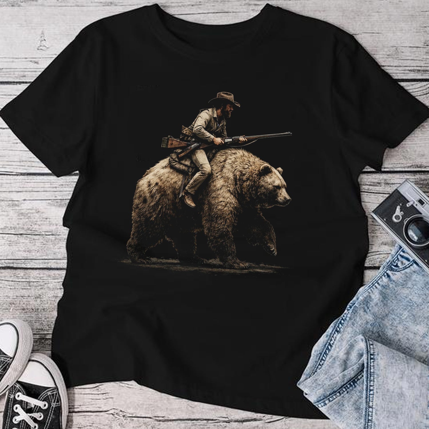 Cowboy Riding Bear T-Shirt – Vintage Western Hunter Graphic Tee