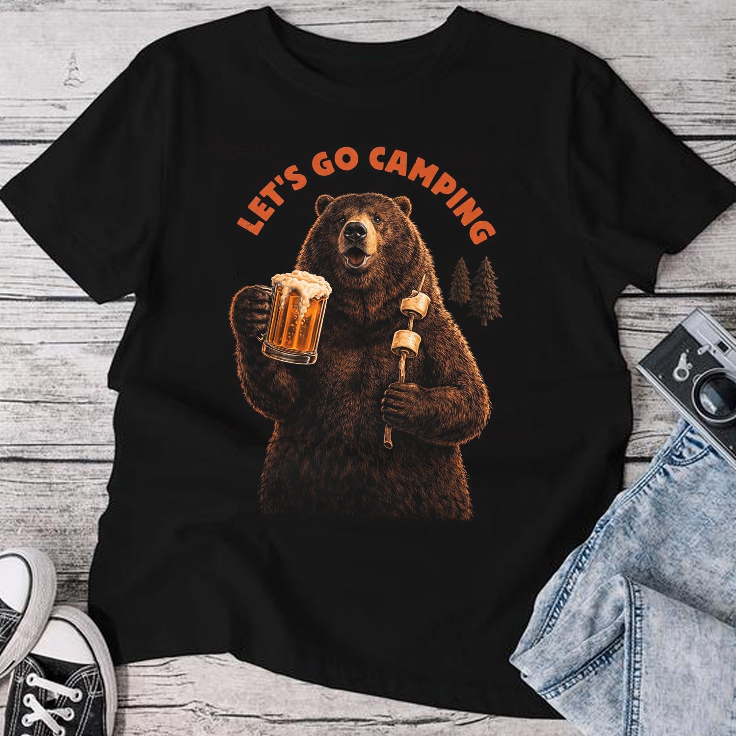 Let’s Go Camping Bear Beer T-Shirt, Funny Camping Bear Marshmallow Graphic Tee, Outdoor Campfire Adventure Shirt