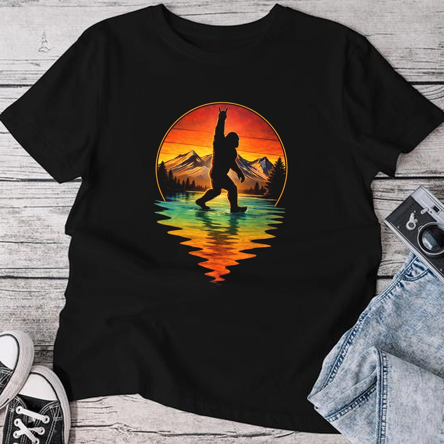 Bigfoot Sunset Lake T-Shirt, Sasquatch Mountain Reflection Graphic Tee, Funny Wilderness Outdoor Adventure Shirt