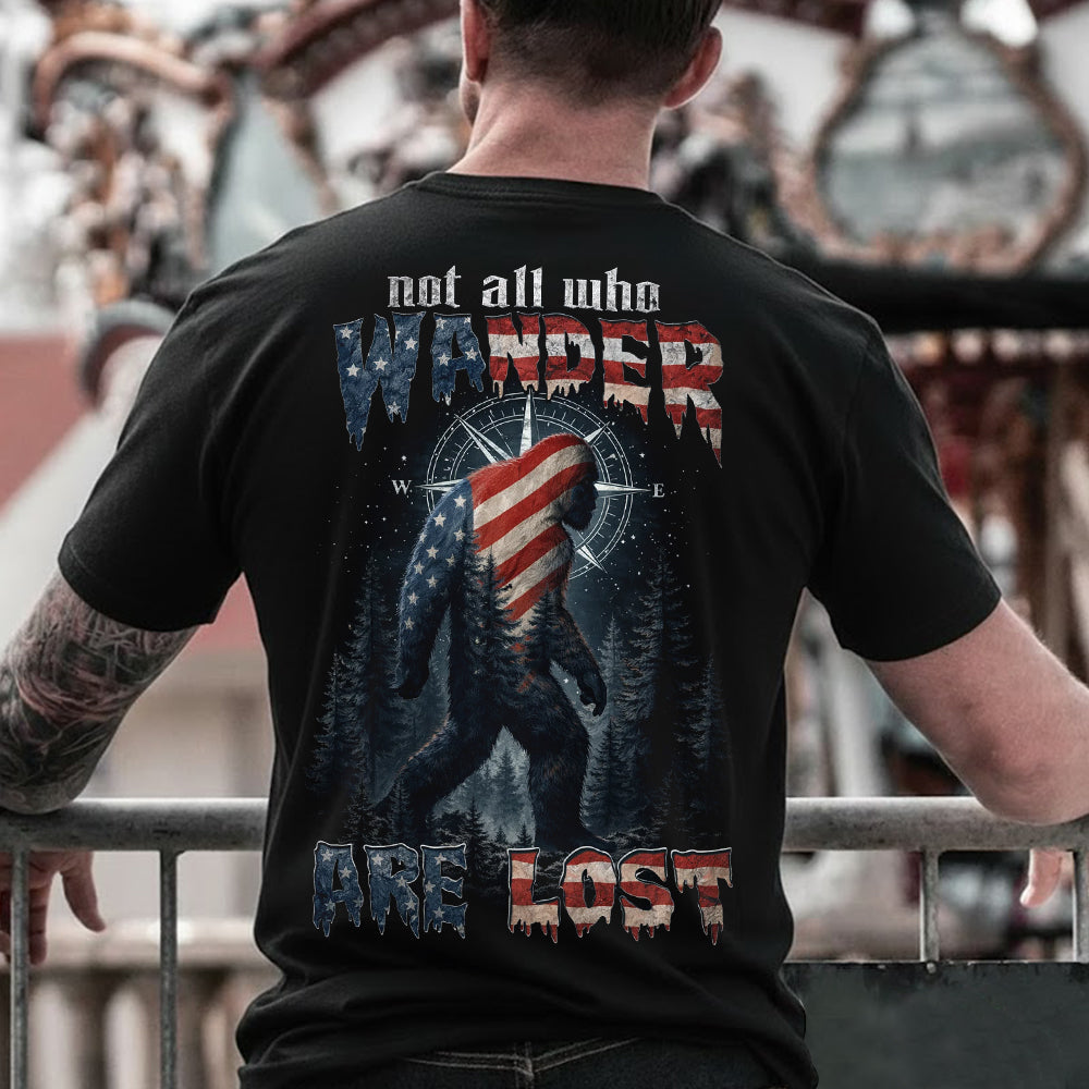 Not All Who Wander Are Lost Bigfoot T-Shirt – Patriotic Sasquatch Wilderness Graphic Tee, American Flag Forest Explorer Shirt, Outdoor Adventure Nature Apparel