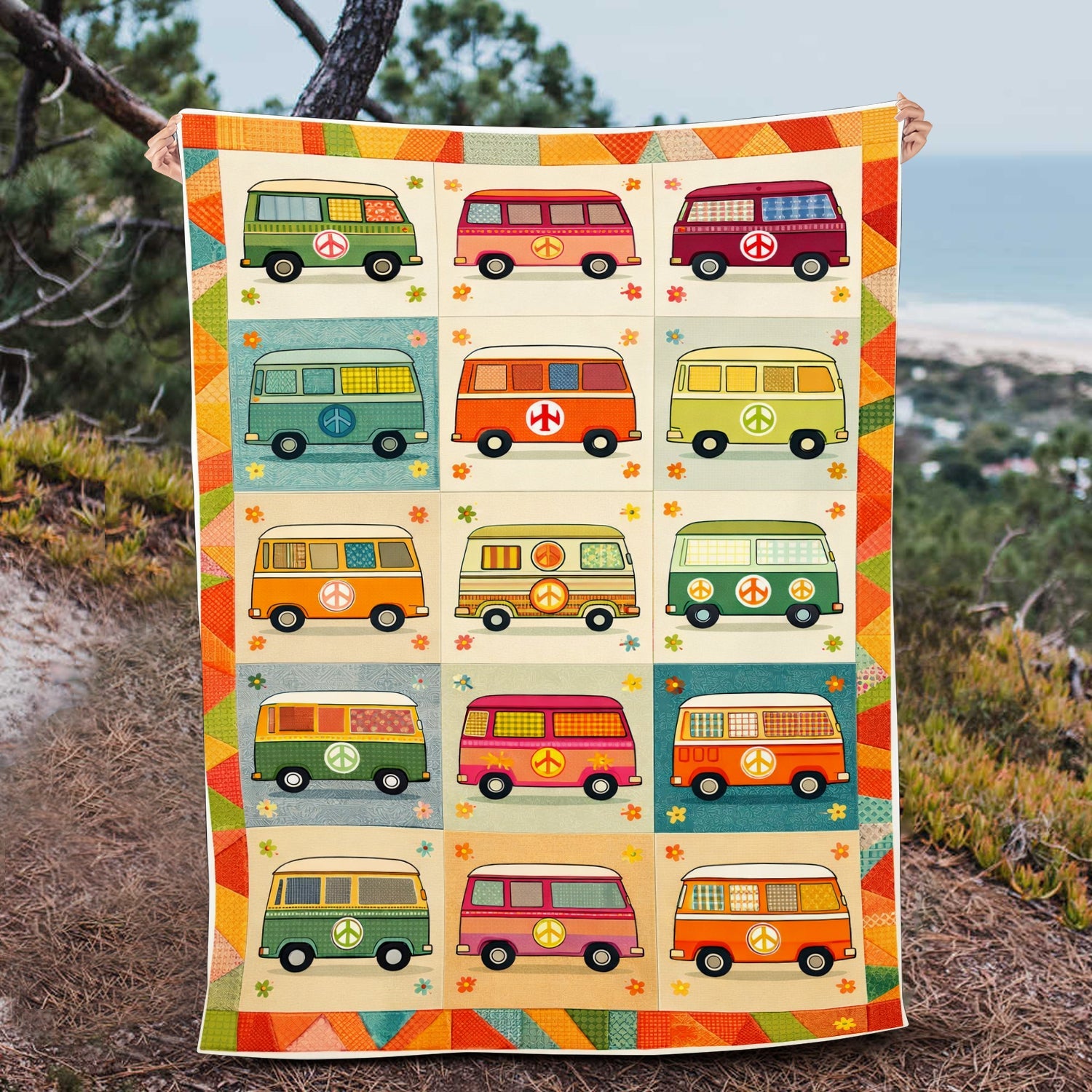Personalized Hippie Van Blanket – Custom Name Retro Peace Camper Throw Gift