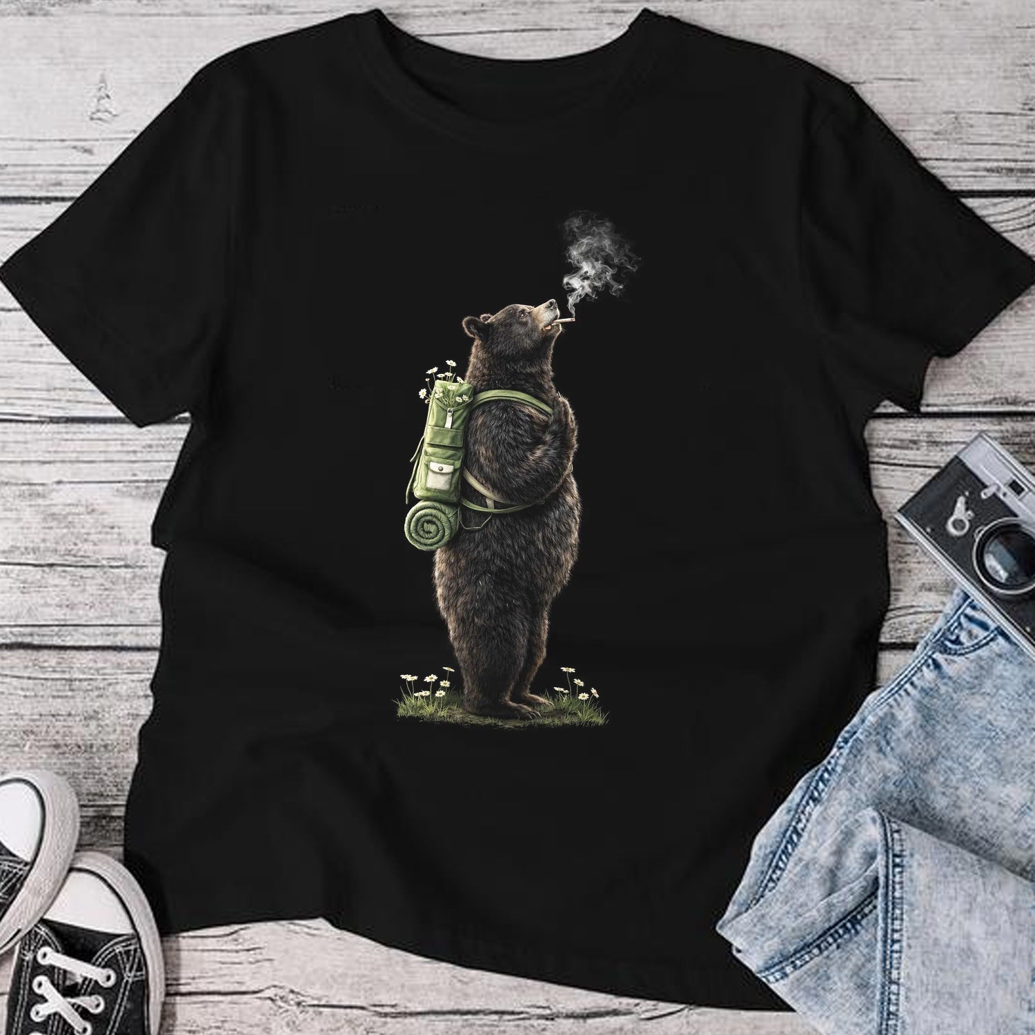 Minimalist Hiking Bear T-Shirt – Funny Backpack Bear Graphic Shirt for Campers, Hikers & Outdoor Adventure Lovers