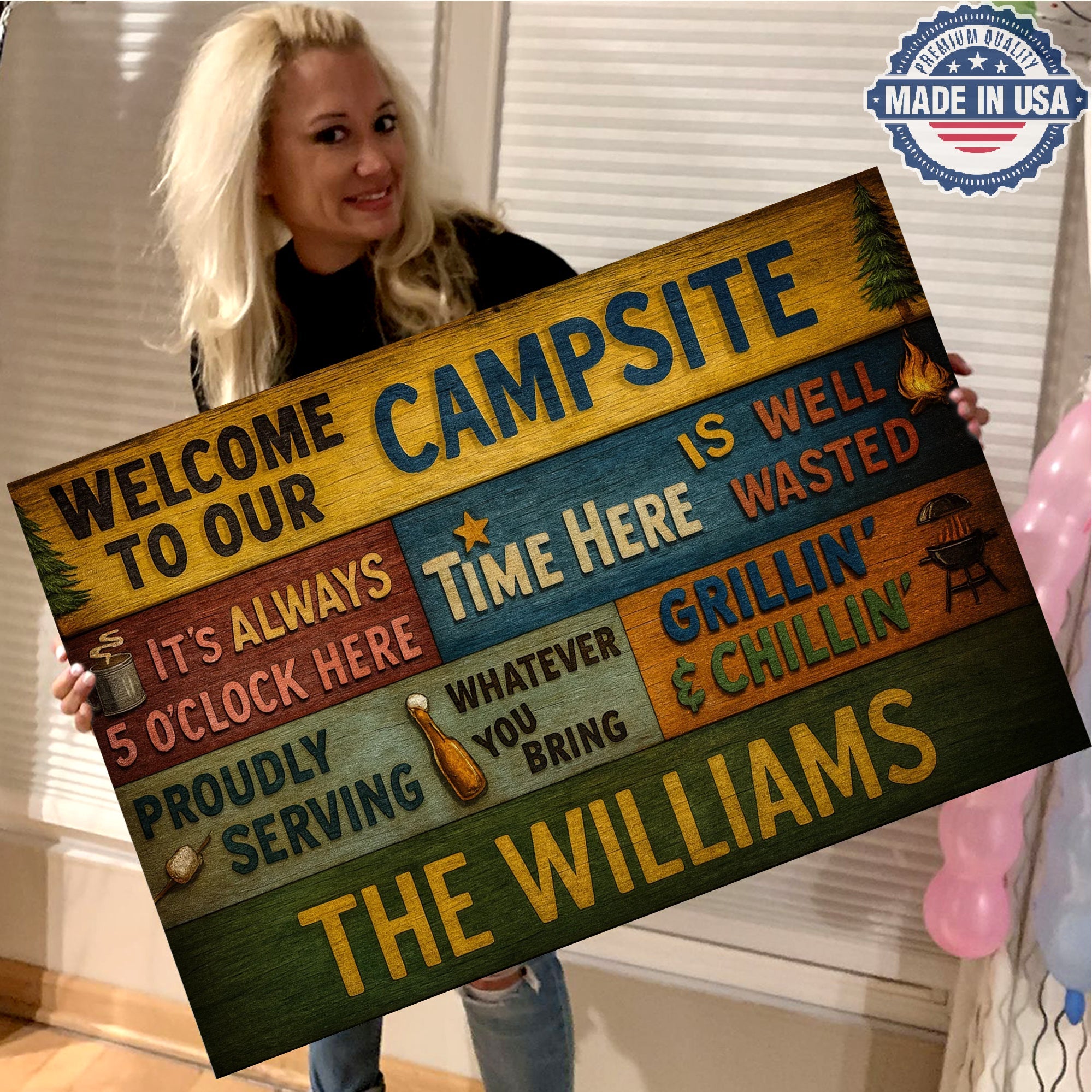 Personalized Welcome Campsite Canvas – Funny Camping Family Name Wall Art Rustic Outdoor Decor