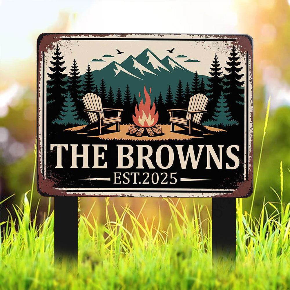 Personalized Family Campfire Sign – Custom Metal Camping Sign – Outdoor Fire Pit Yard Decor