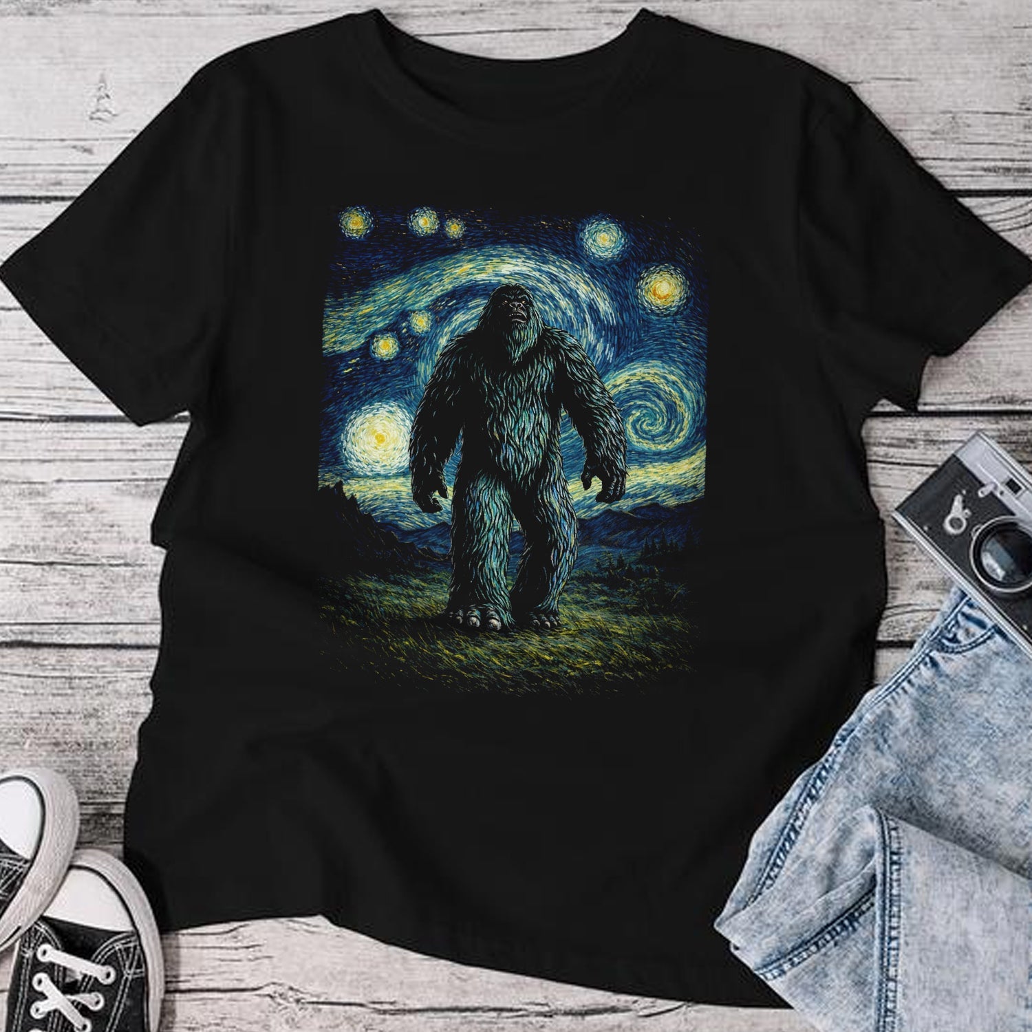 Starry Night Sasquatch T-Shirt – Bigfoot Inspired Van Gogh Art Graphic Tee, Cryptid Night Sky Aesthetic Shirt