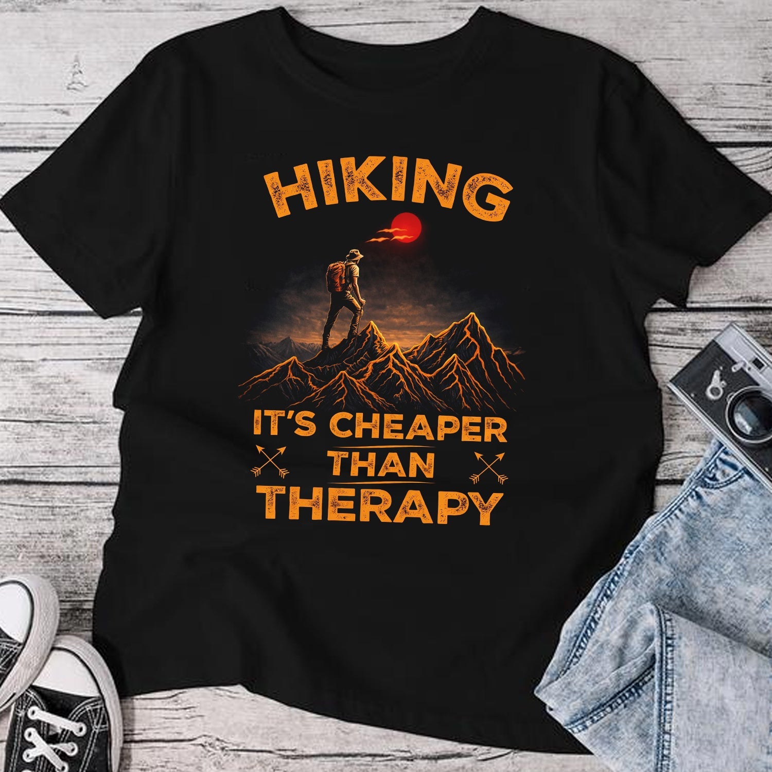 Hiking It’s Cheaper Than Therapy T-Shirt – Funny Hiking Quote Graphic Tee, Mountain Adventure Outdoor Shirt