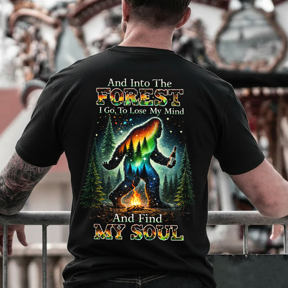 And Into The Forest I Go Bigfoot T-Shirt, Sasquatch Campfire Beer Graphic Tee, Funny Wilderness Camping Nature Shirt for Men