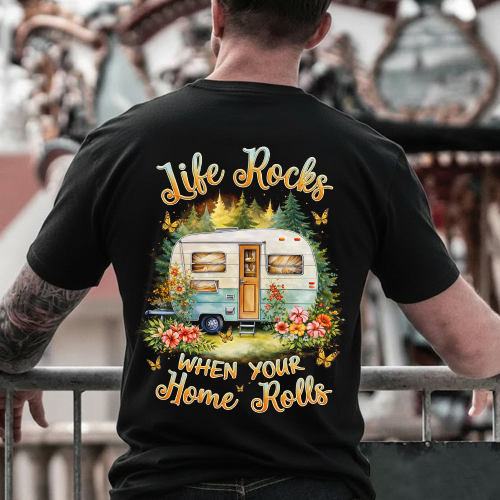 Life Rocks When Your Home Rolls T-Shirt – Vintage Camper RV Graphic Tee, Cute Travel Trailer Shirt for Camping & Road Trip Lovers