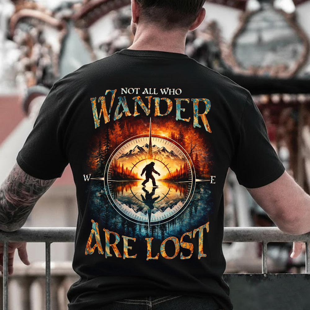Not All Who Wander Are Lost Bigfoot T-Shirt – Sasquatch Compass Wilderness Graphic Tee, Mountain Reflection Forest Adventure Shirt, Outdoor Explorer Nature Apparel