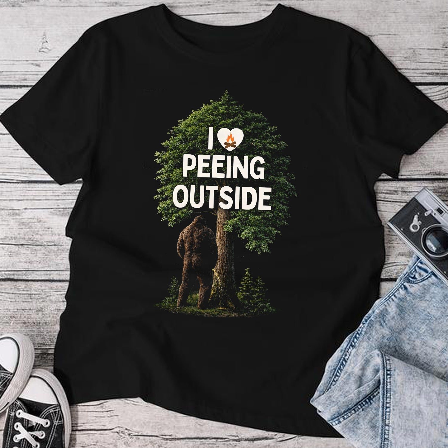 Funny Bigfoot Camping T-Shirt – I Love Peeing Outside Graphic Tee, Sasquatch Forest Humor Shirt, Outdoor Camping Lifestyle Apparel