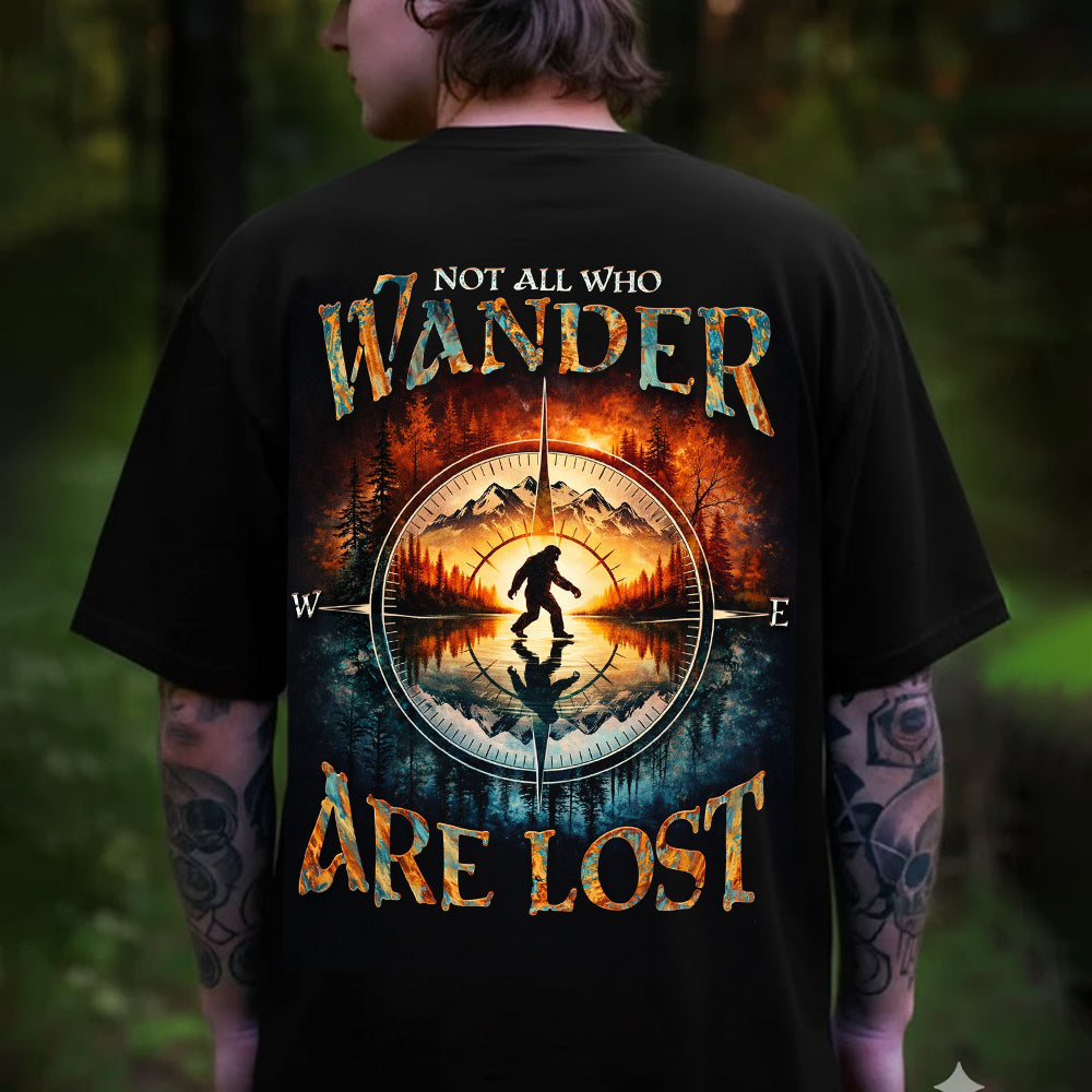 Not All Who Wander Are Lost Bigfoot T-Shirt – Sasquatch Compass Wilderness Graphic Tee, Mountain Reflection Forest Adventure Shirt, Outdoor Explorer Nature Apparel