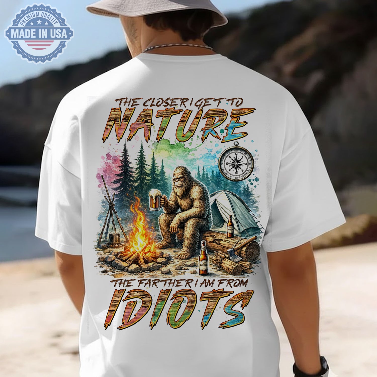 The Closer I Get To Nature Bigfoot Campfire T-Shirt, Sasquatch Beer Camping Graphic Tee, Funny Anti Social Outdoor Shirt