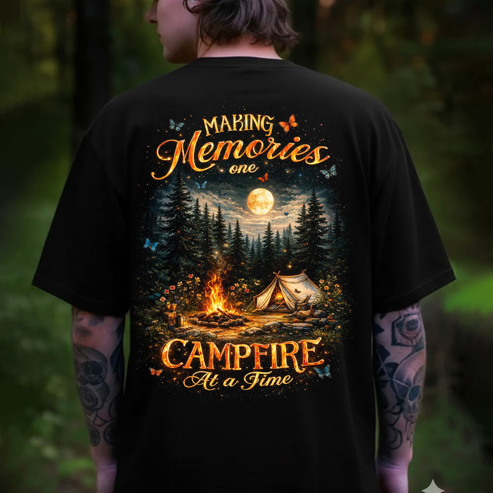 Making Memories One Campfire At A Time Forest Night T-Shirt, Moonlight Tent Campfire Graphic Tee, Cozy Wilderness Camping Shirt for Women