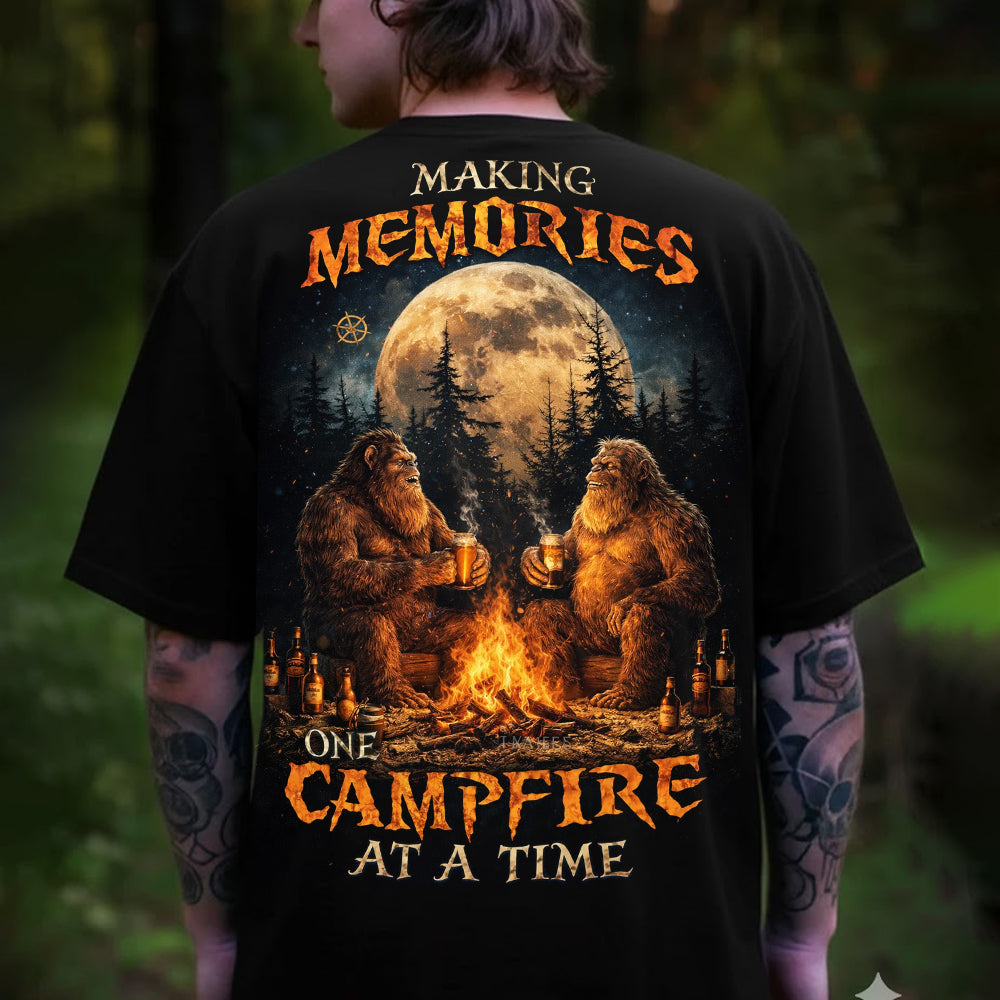 Bigfoot Campfire T-Shirt – Sasquatch Wilderness Night Graphic Tee, Forest Moon Camping Art Shirt, Outdoor Adventure Nature Lover Apparel