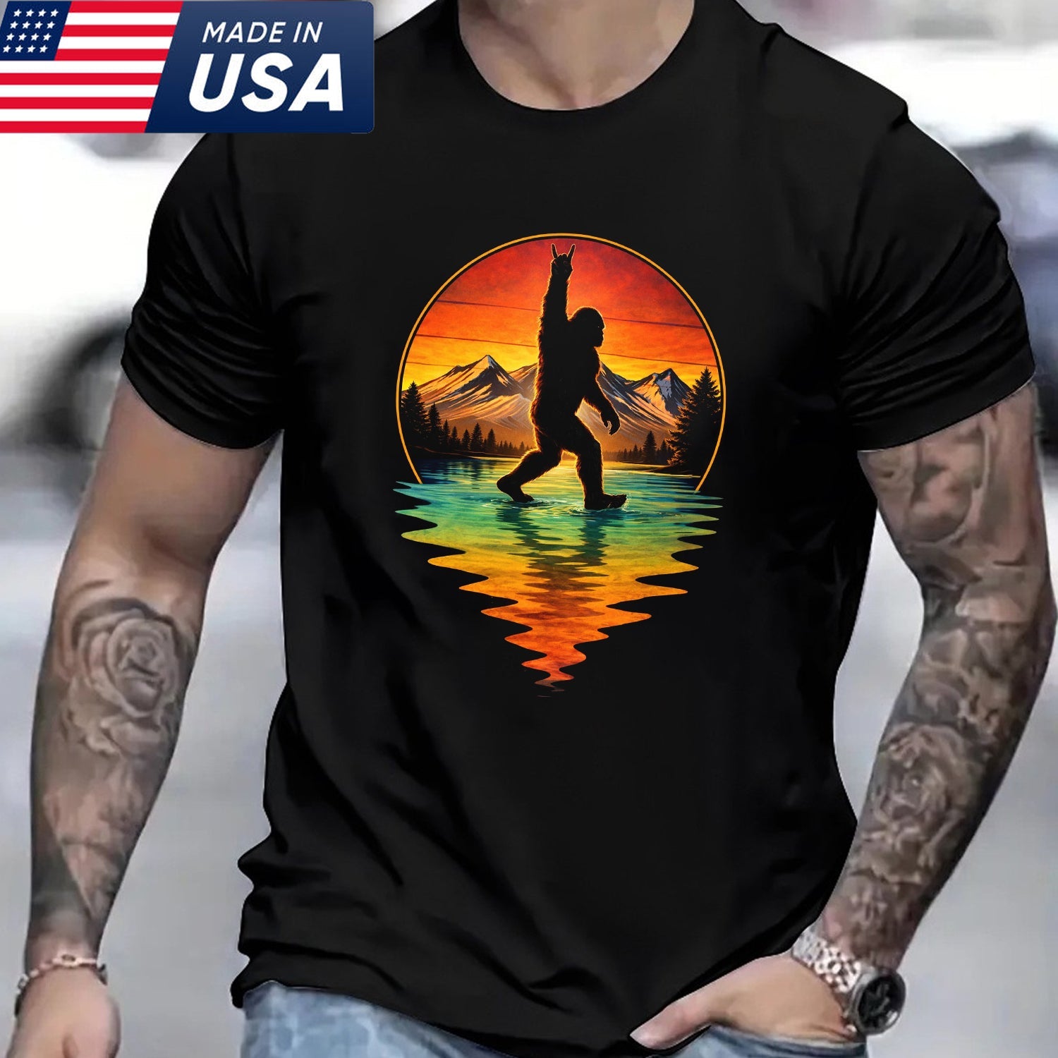 Bigfoot Sunset Lake T-Shirt, Sasquatch Mountain Reflection Graphic Tee, Funny Wilderness Outdoor Adventure Shirt