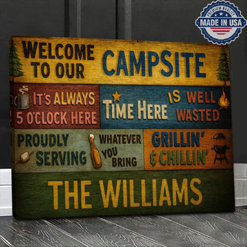 Personalized Welcome Campsite Canvas – Funny Camping Family Name Wall Art Rustic Outdoor Decor