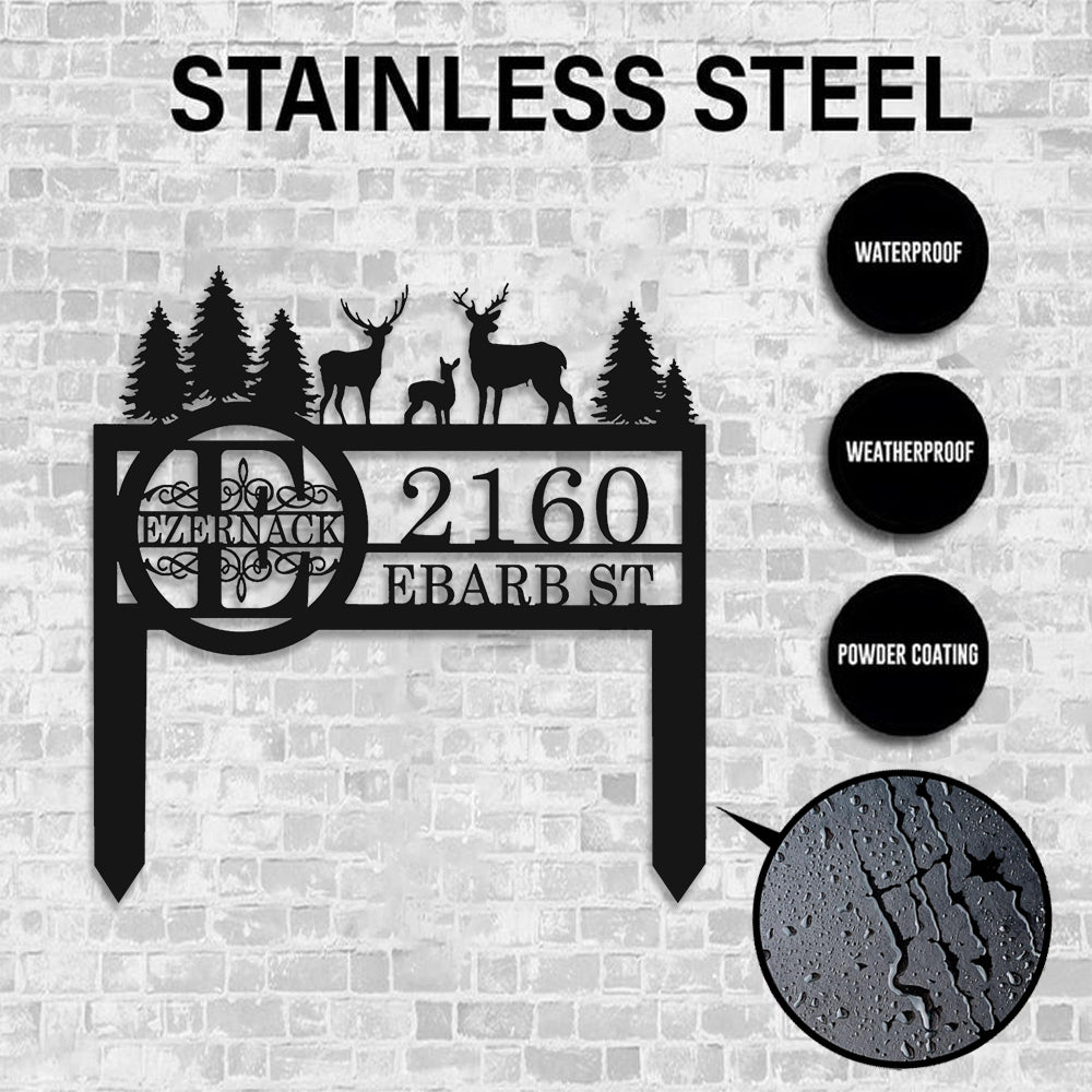 Personalized Metal Address Sign with Deer & Trees – Custom Outdoor Camping Yard Sign – Rustic Wildlife Home Address Plaque