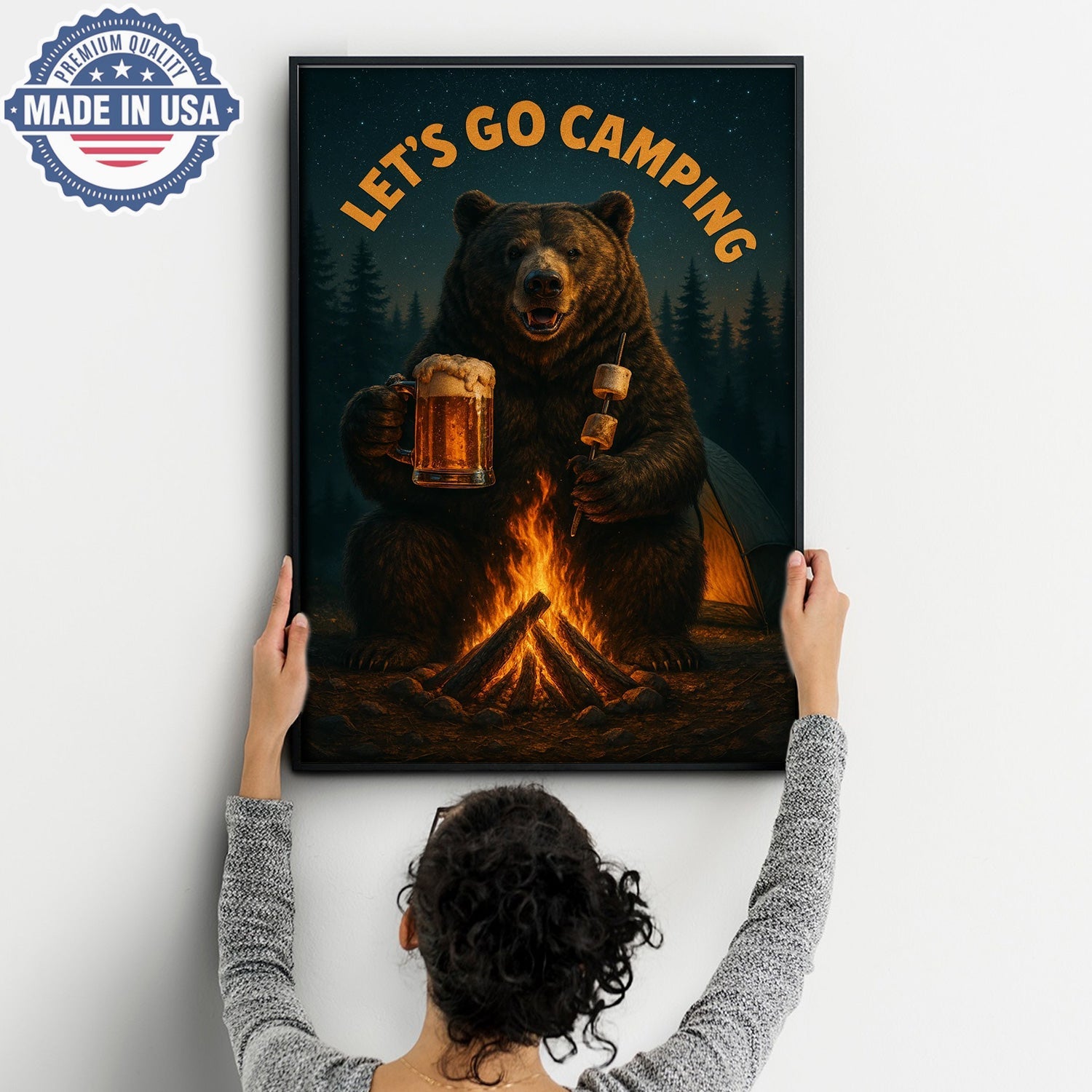 Let’s Go Camping Bear Canvas Wall Art – Funny Wildlife Campfire Illustration with Forest Night Scene, Rustic Outdoor Adventure Home Decor