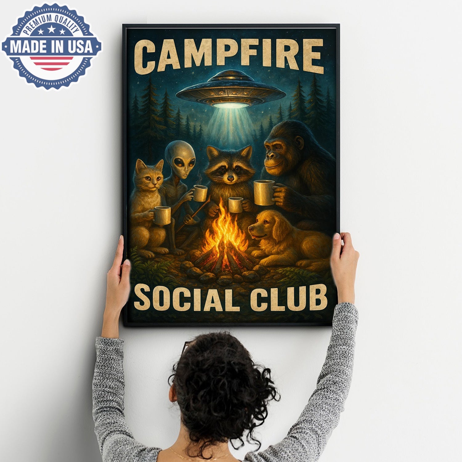 Campfire Social Club Canvas Wall Art – Whimsical Night Camping Illustration with Forest Friends & UFO, Funny Outdoor Adventure Home Decor