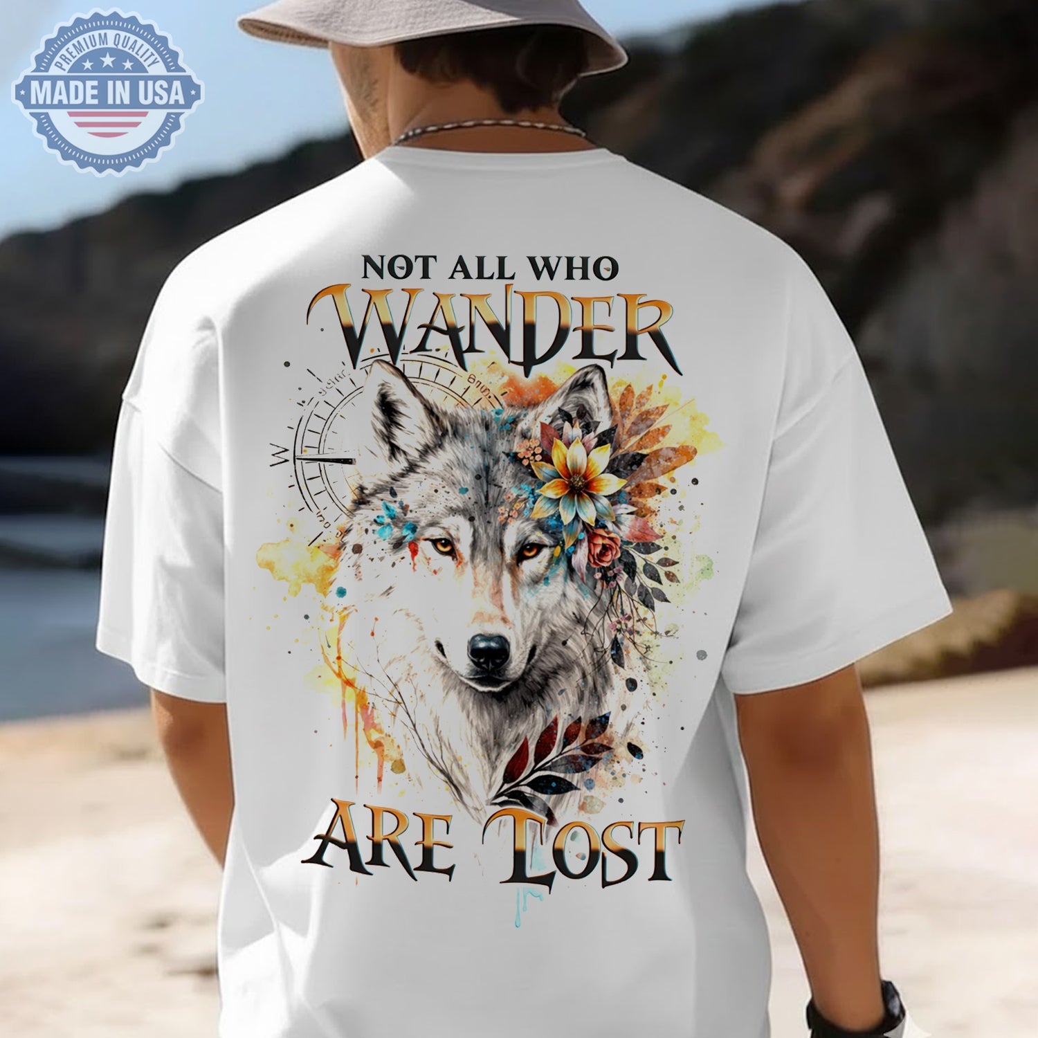 Not All Who Wander Are Lost Wolf T-Shirt, Boho Floral Wolf Compass Graphic Tee, Wilderness Spirit Nature Lover Shirt for Men & Women