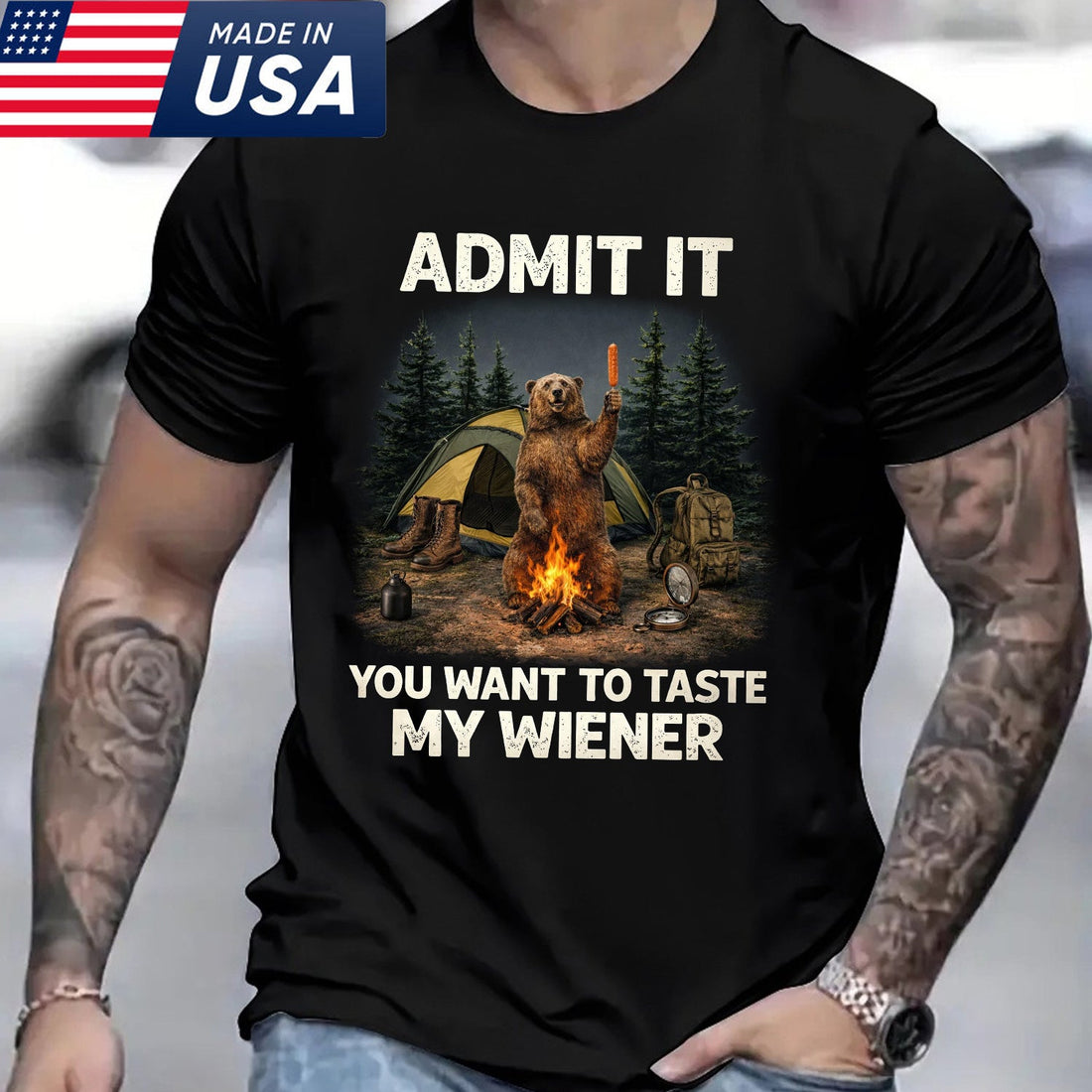 Funny Camping Bear T-Shirt – “Admit It, You Want to Taste My Wiener” Campfire Hot Dog Humor Graphic Tee
