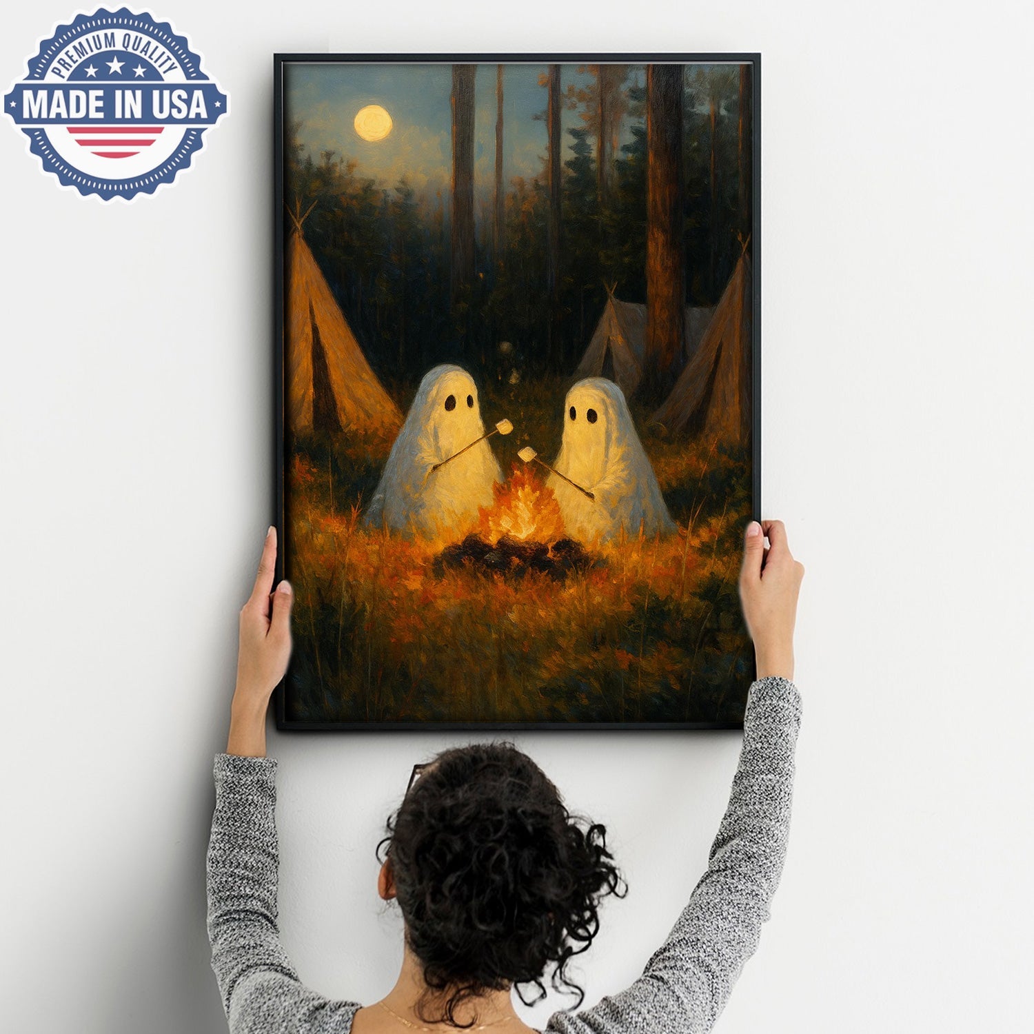Ghost Camping Canvas Wall Art – Cute Campfire Night Illustration with Friendly Spirits, Whimsical Forest Adventure Home Decor