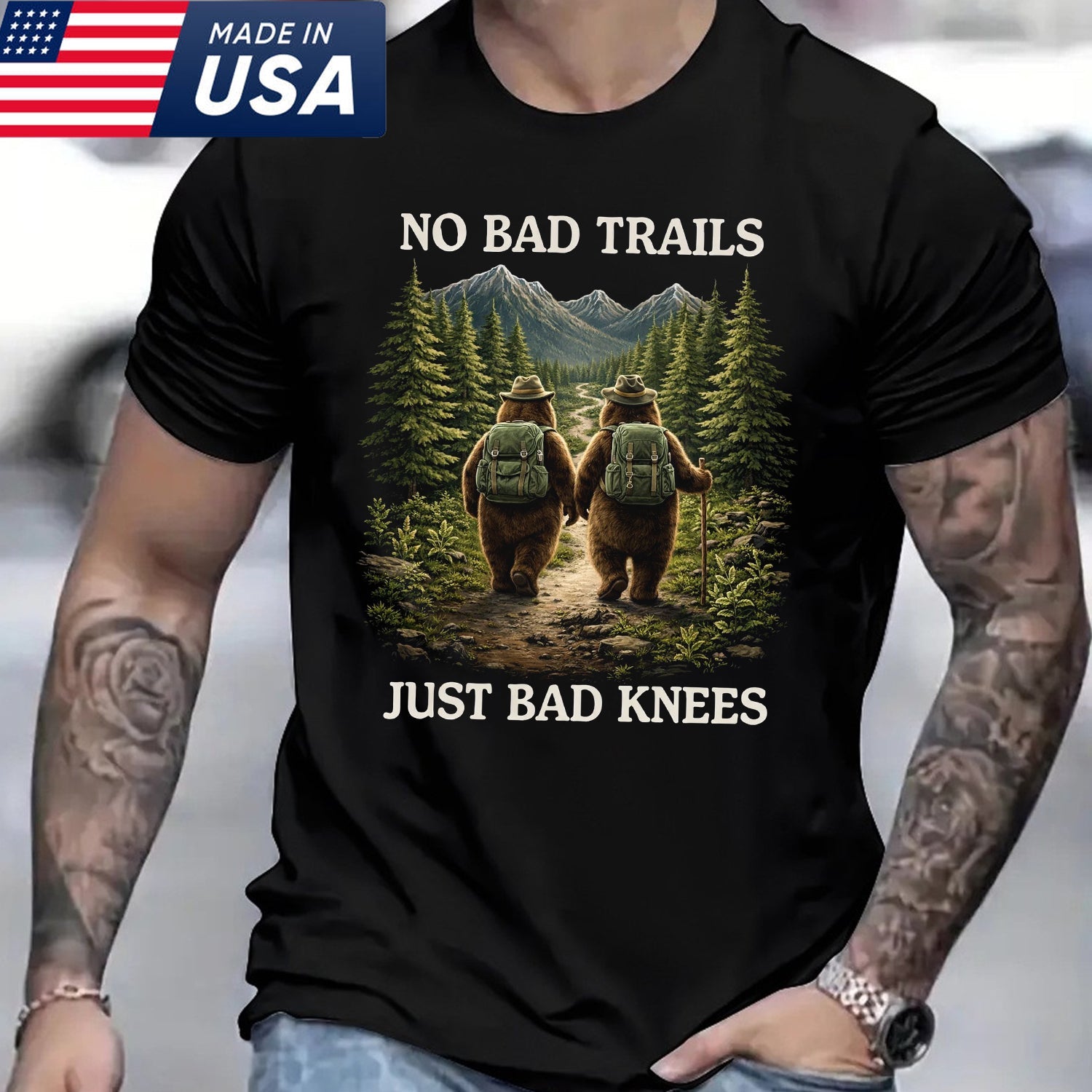No Bad Trails Just Bad Knees Bear Hiking T-Shirt, Funny Mountain Backpack Adventure Tee, Outdoor Nature Lover Shirt