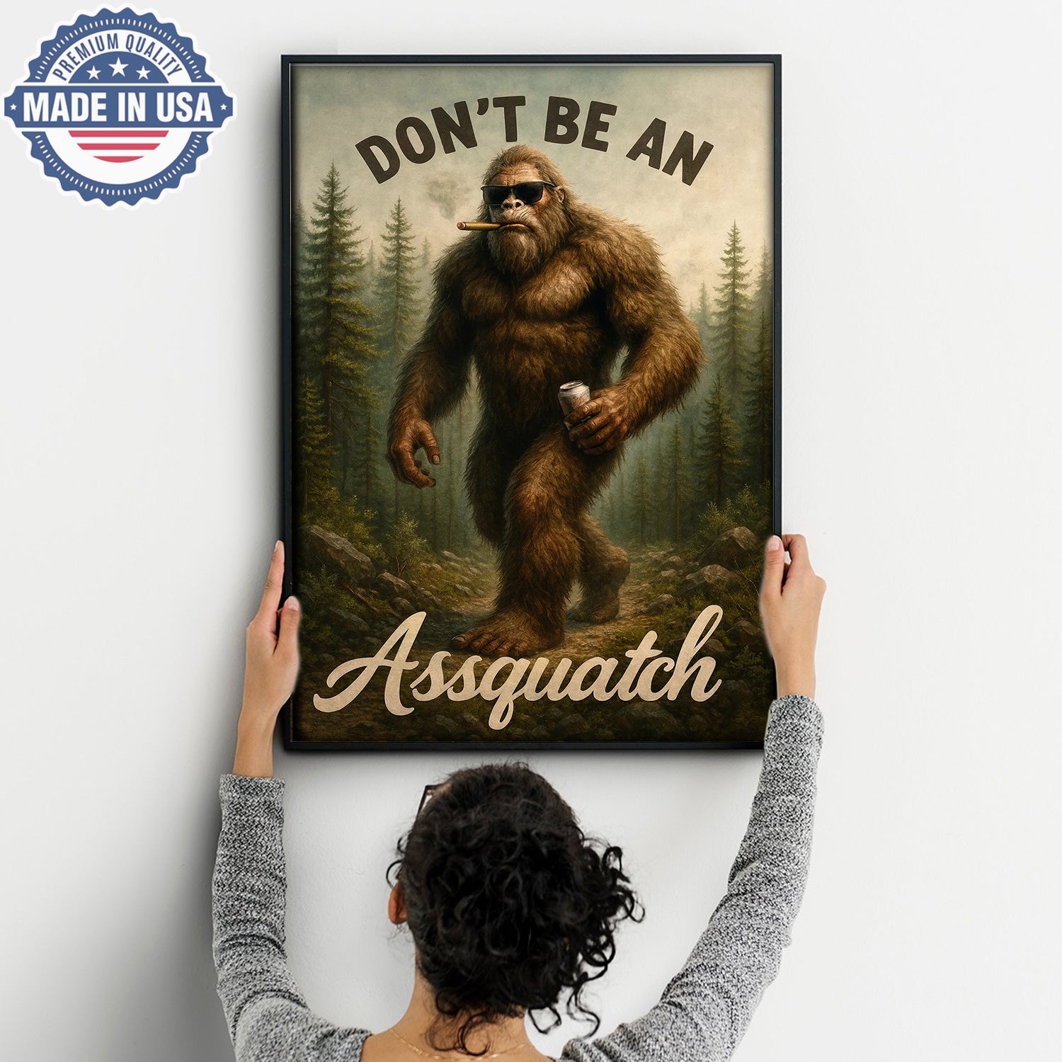 Don’t Be an Assquatch Canvas Wall Art – Funny Sasquatch Forest Illustration, Rustic Cabin Humor Wilderness Home Decor