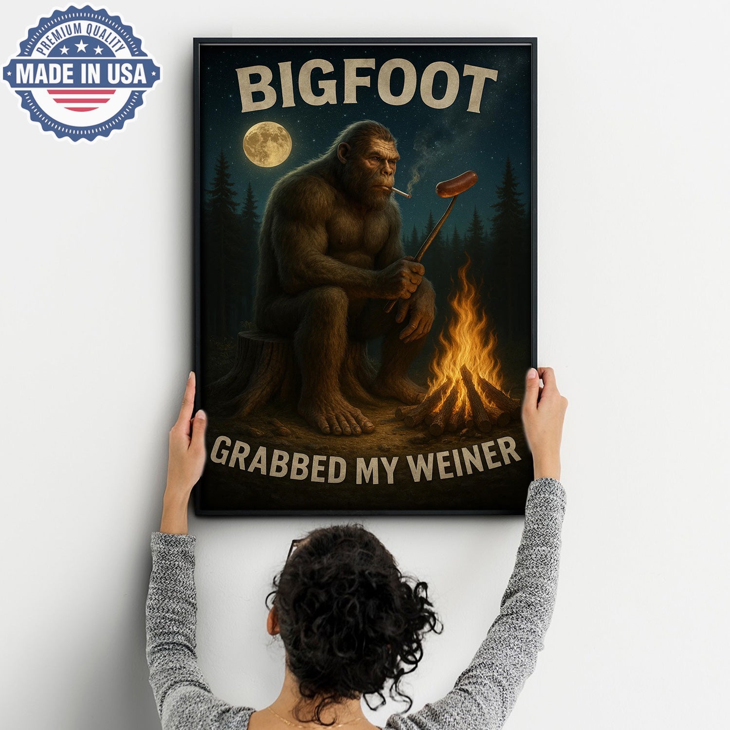 Funny Bigfoot Campfire Canvas Wall Art – Humorous Sasquatch Night Camping Illustration, Rustic Forest Cabin Humor Decor