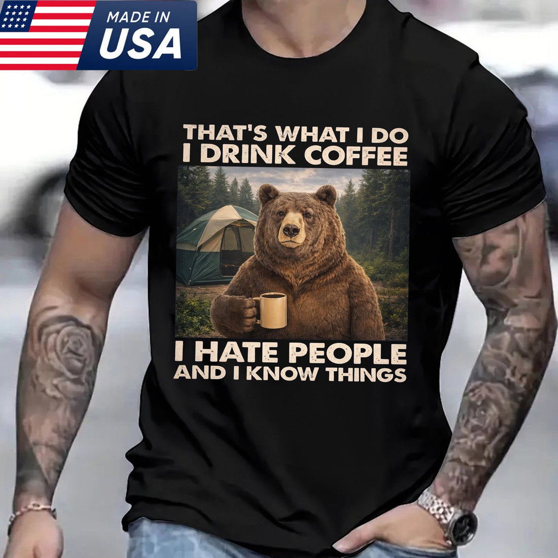 Funny Bear Coffee Camping T-Shirt – Grumpy Bear with Mug Graphic Tee, Outdoor Camping Humor Shirt, Nature Lover Adventure Apparel