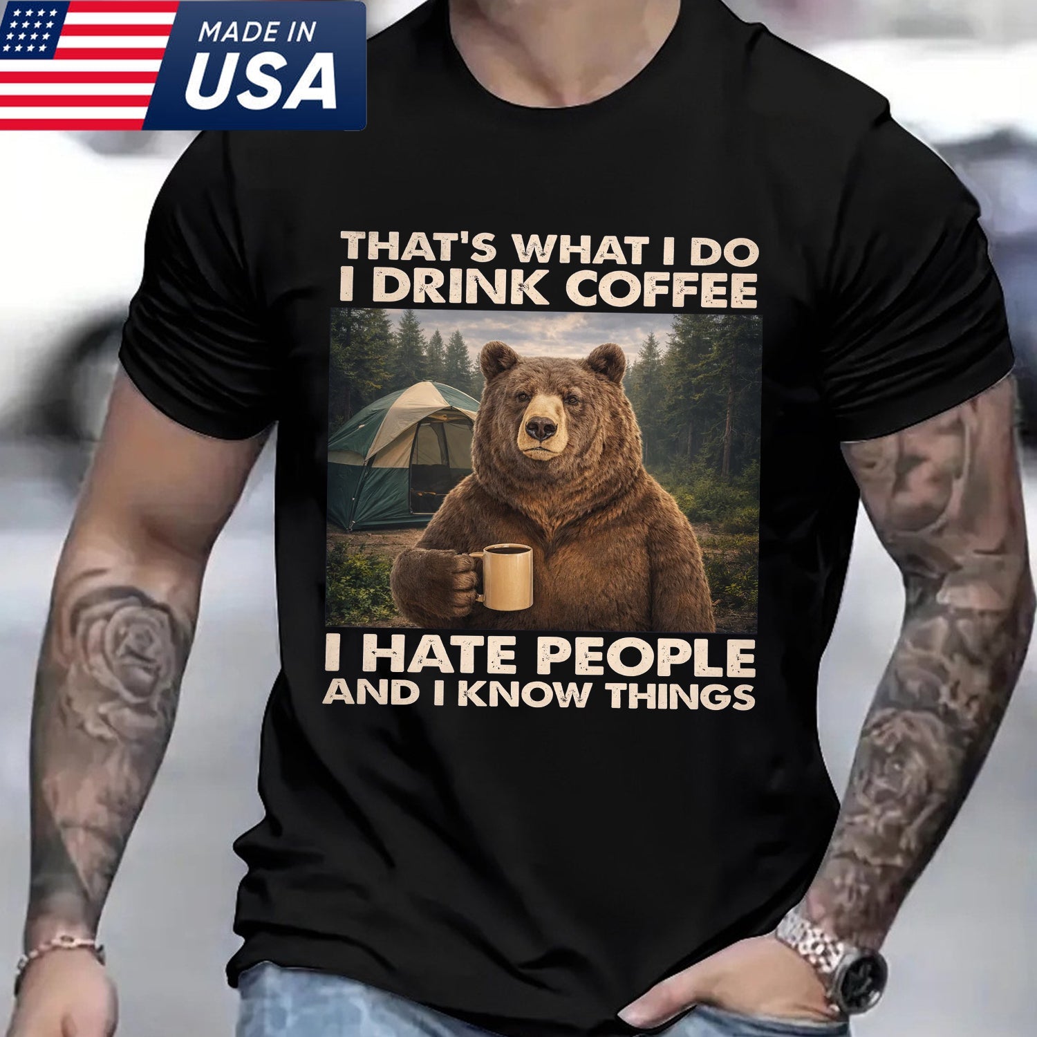 Funny Bear Coffee Camping T-Shirt – Grumpy Bear with Mug Graphic Tee, Outdoor Camping Humor Shirt, Nature Lover Adventure Apparel
