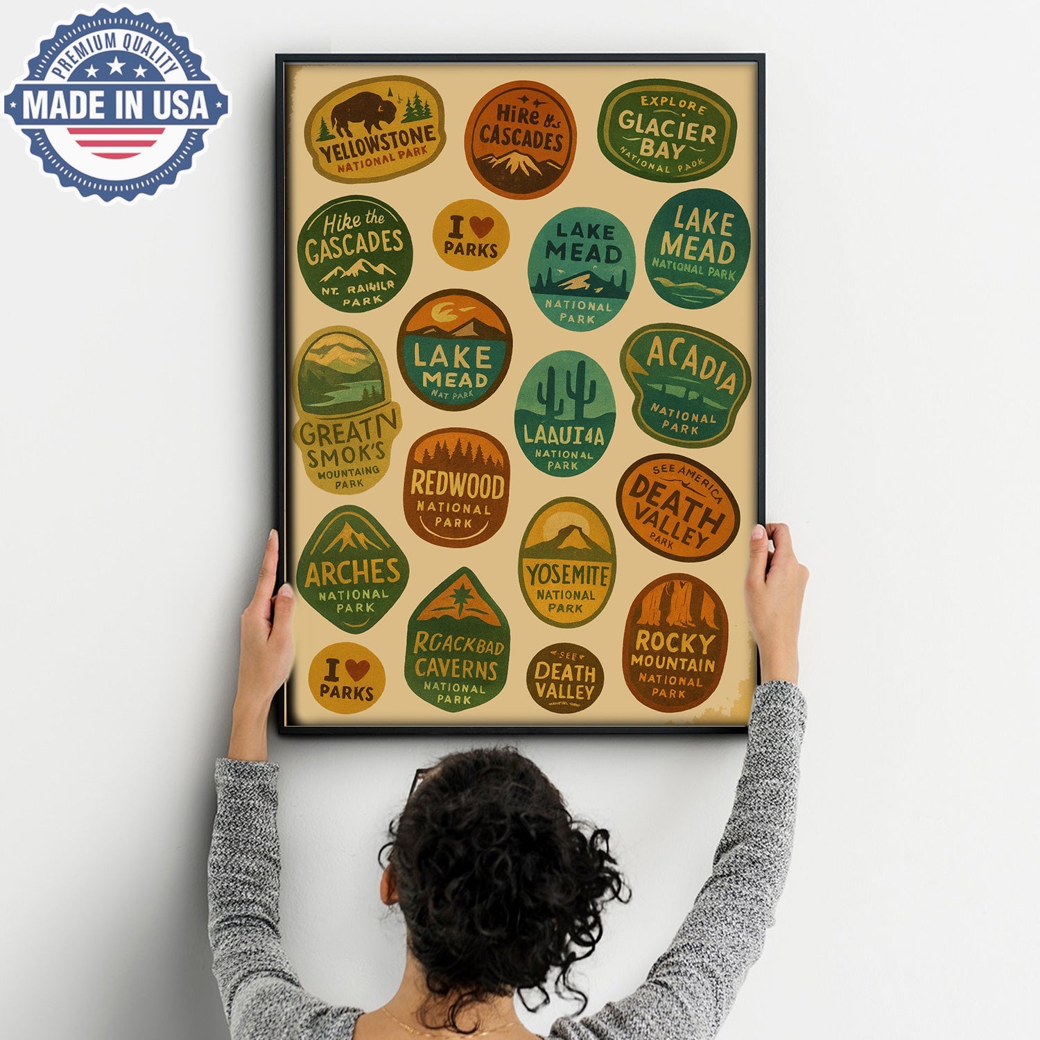 US National Parks Vintage Poster – Retro Travel Badges Wall Art Canvas, Gift for Campers